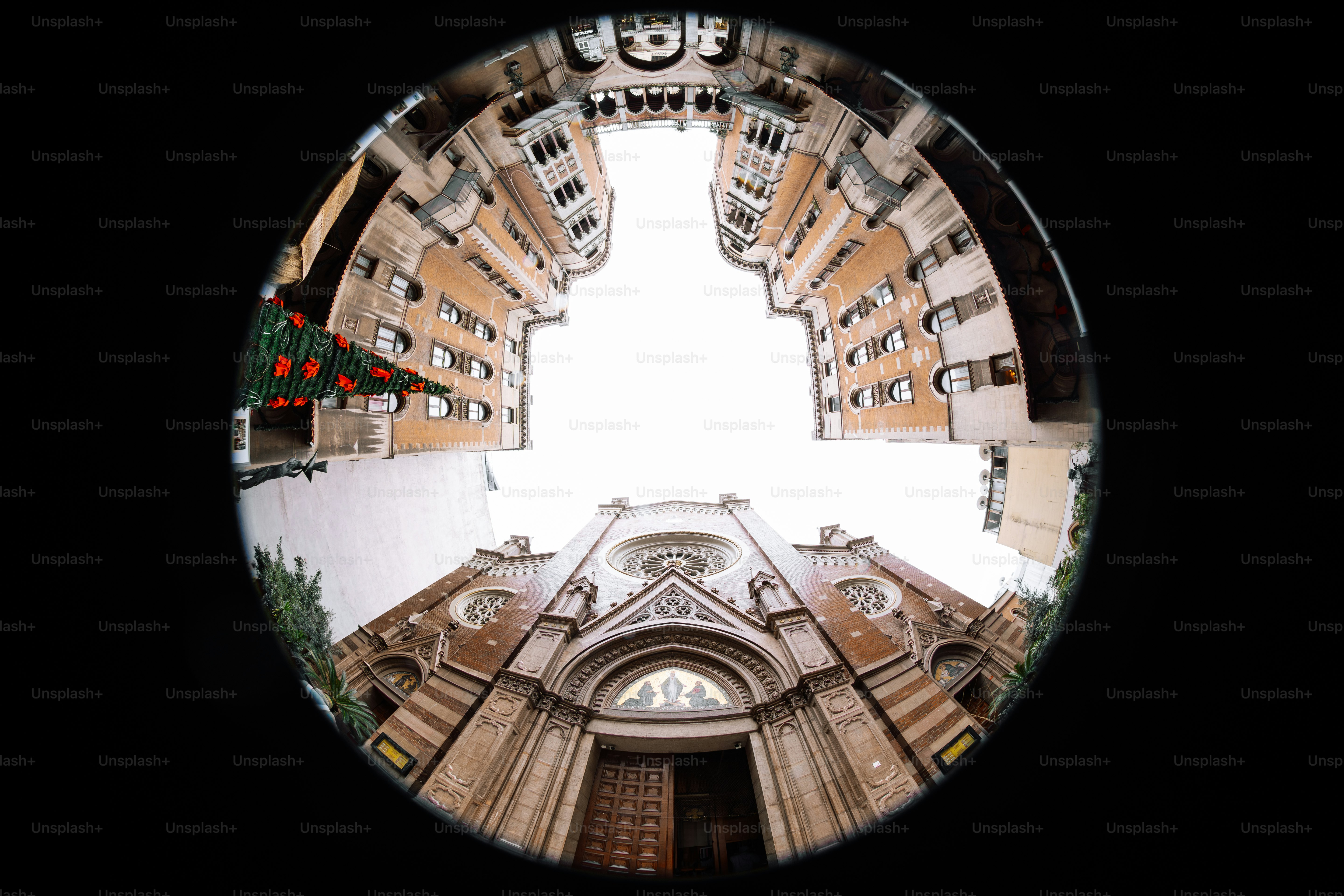 A fish - eye view of a building in a city