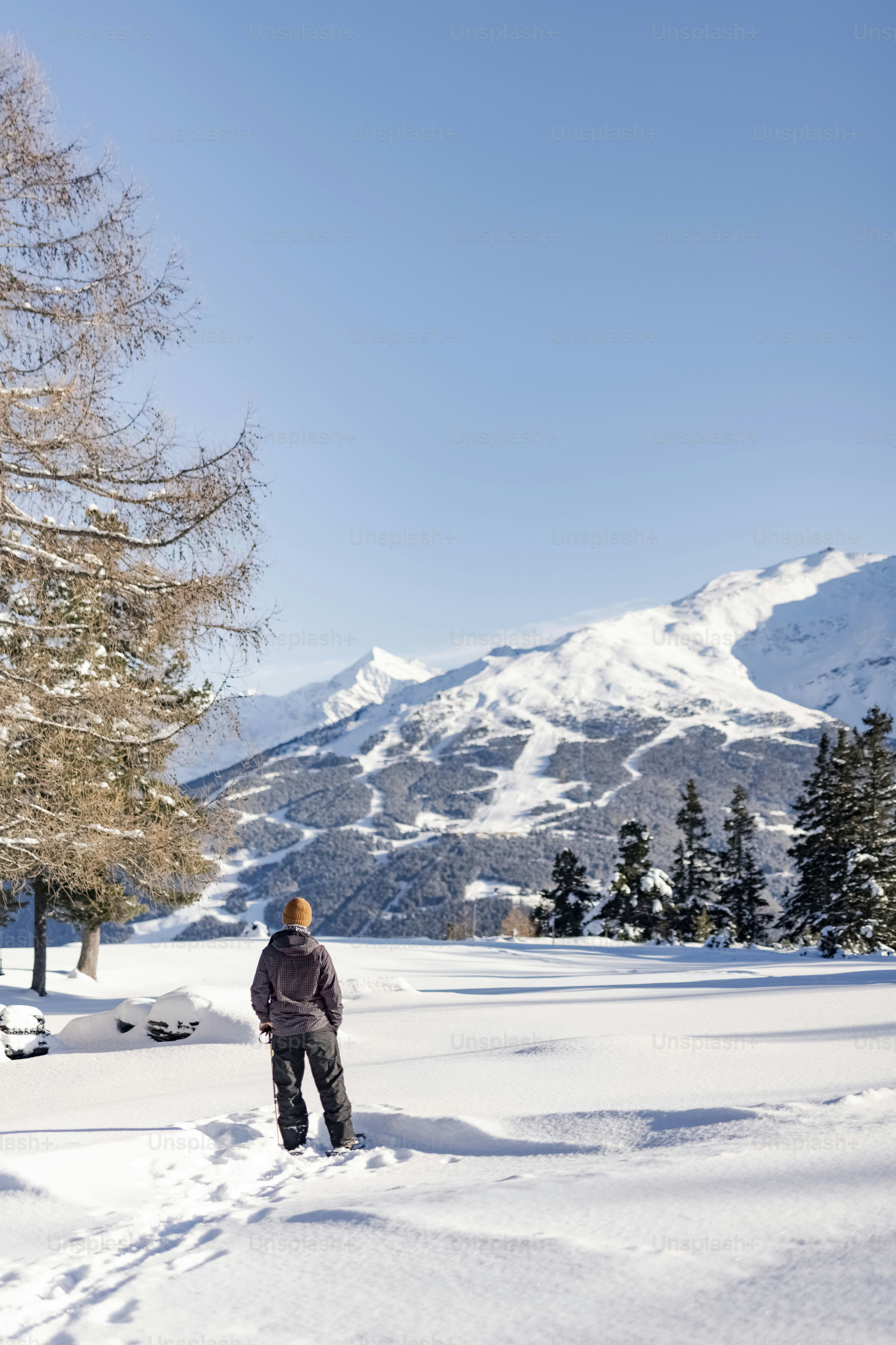 Un hombre de pie en la nieve frente a una montaña