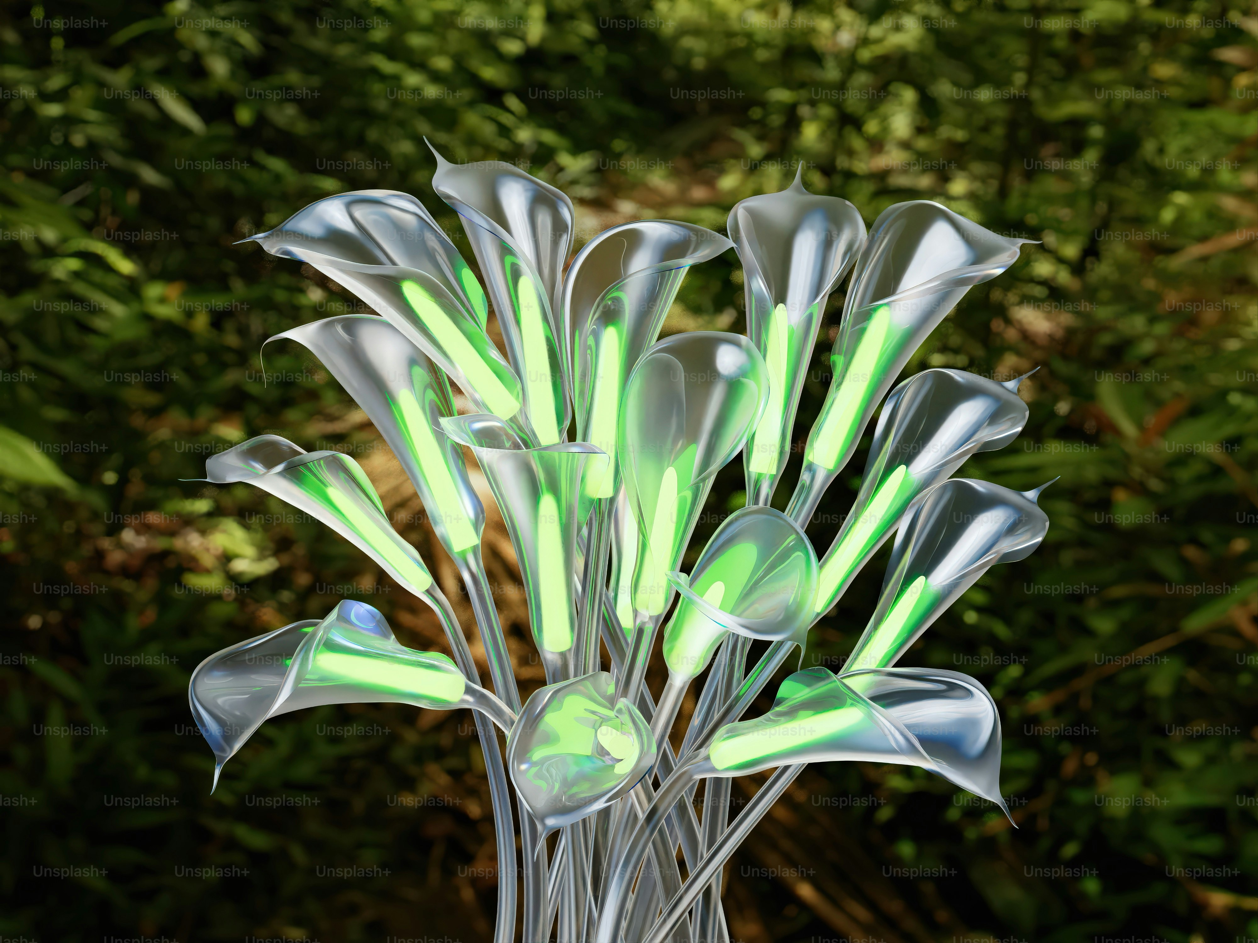A glass vase with green and white calla lily flowers