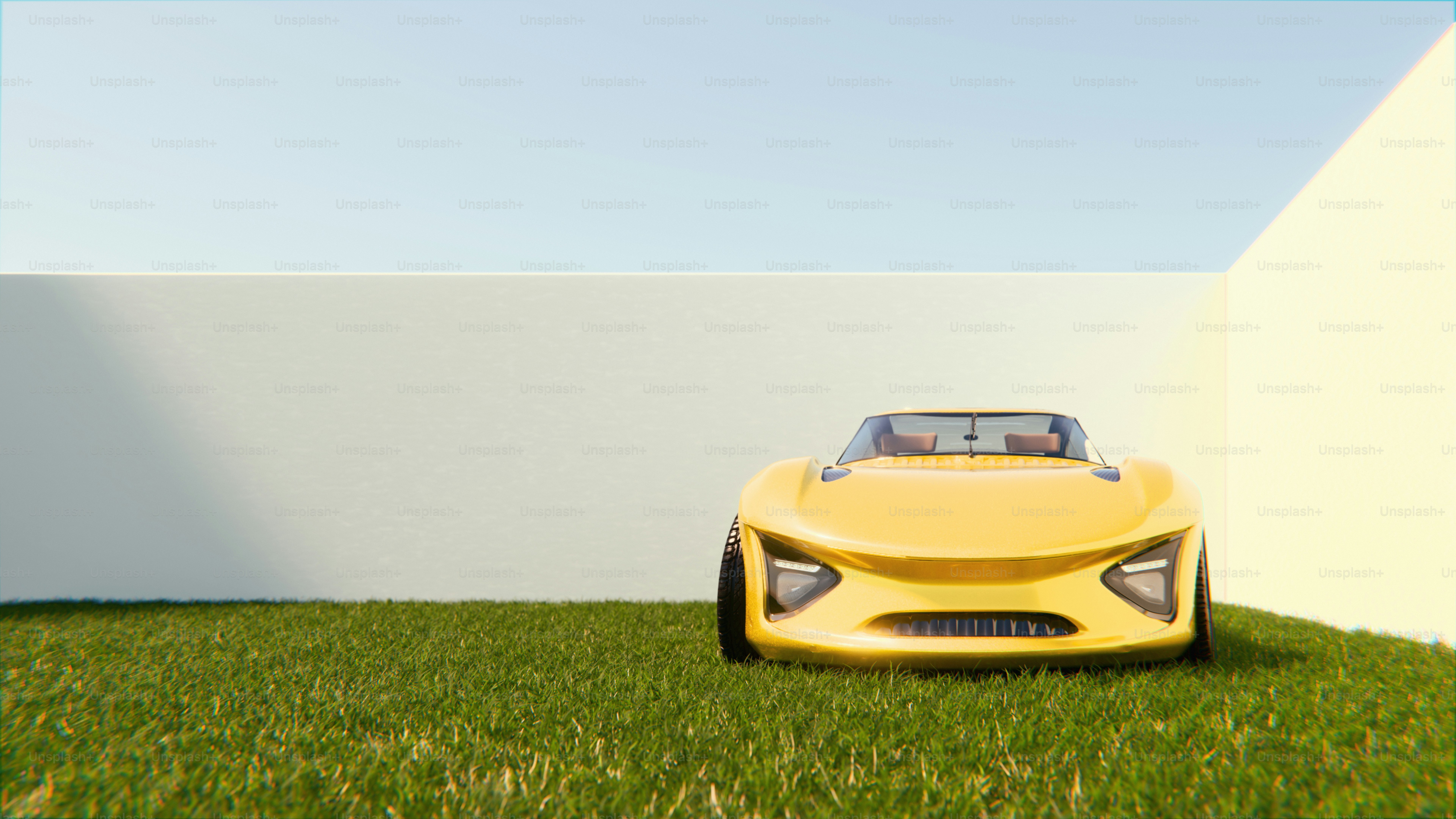 A yellow sports car is parked in the grass