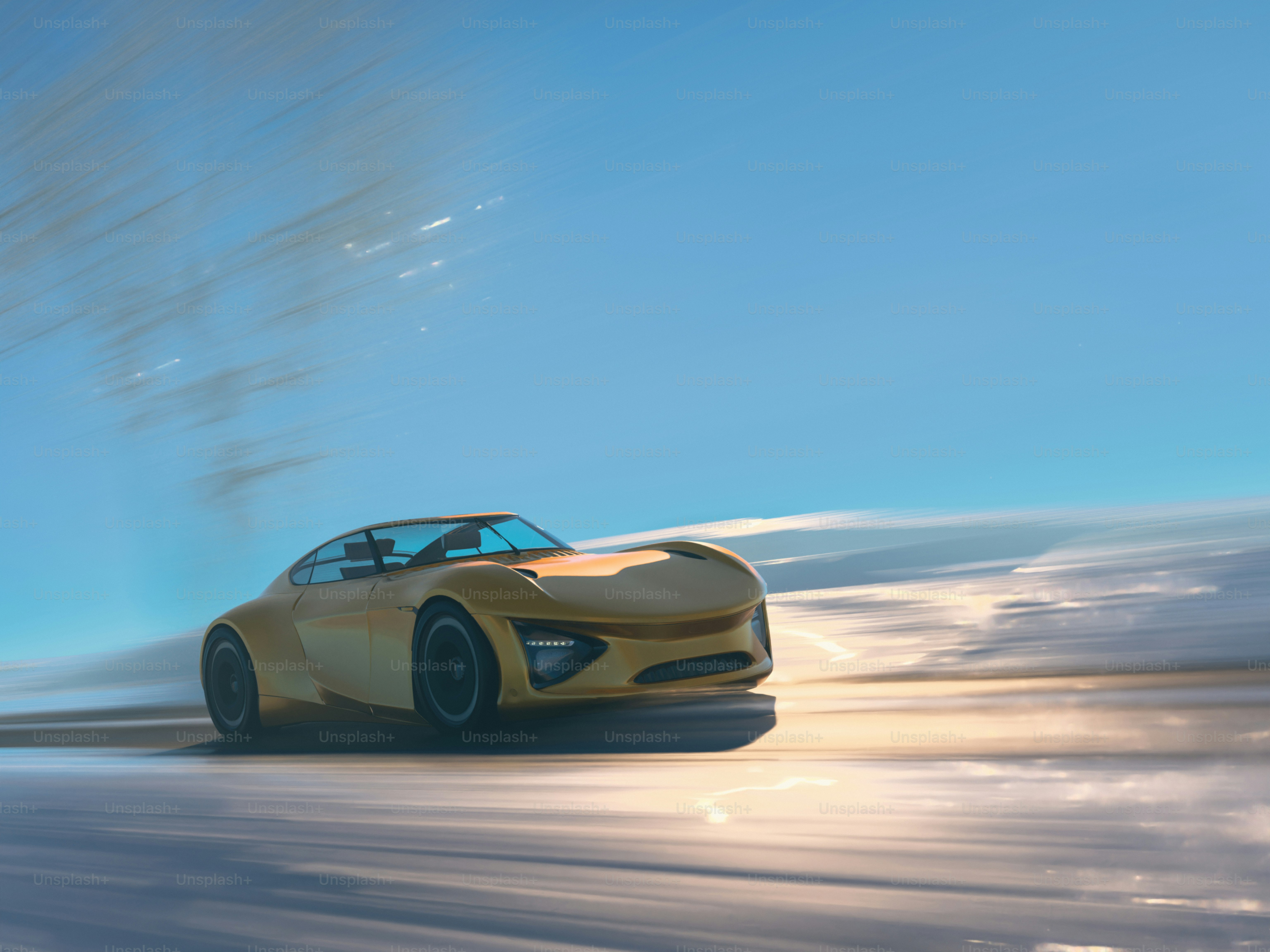 A yellow sports car driving on a snowy road