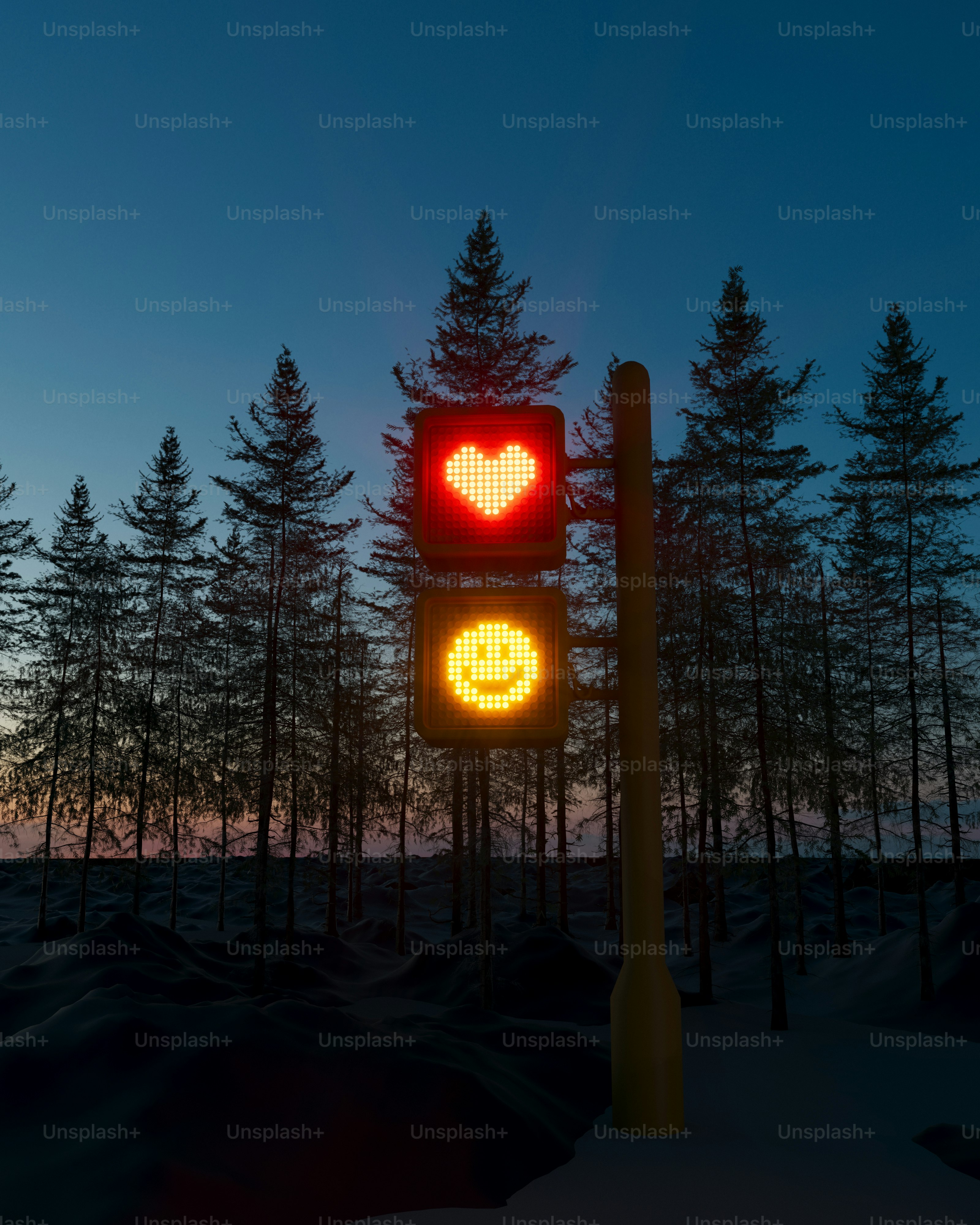 A traffic light with two hearts on it