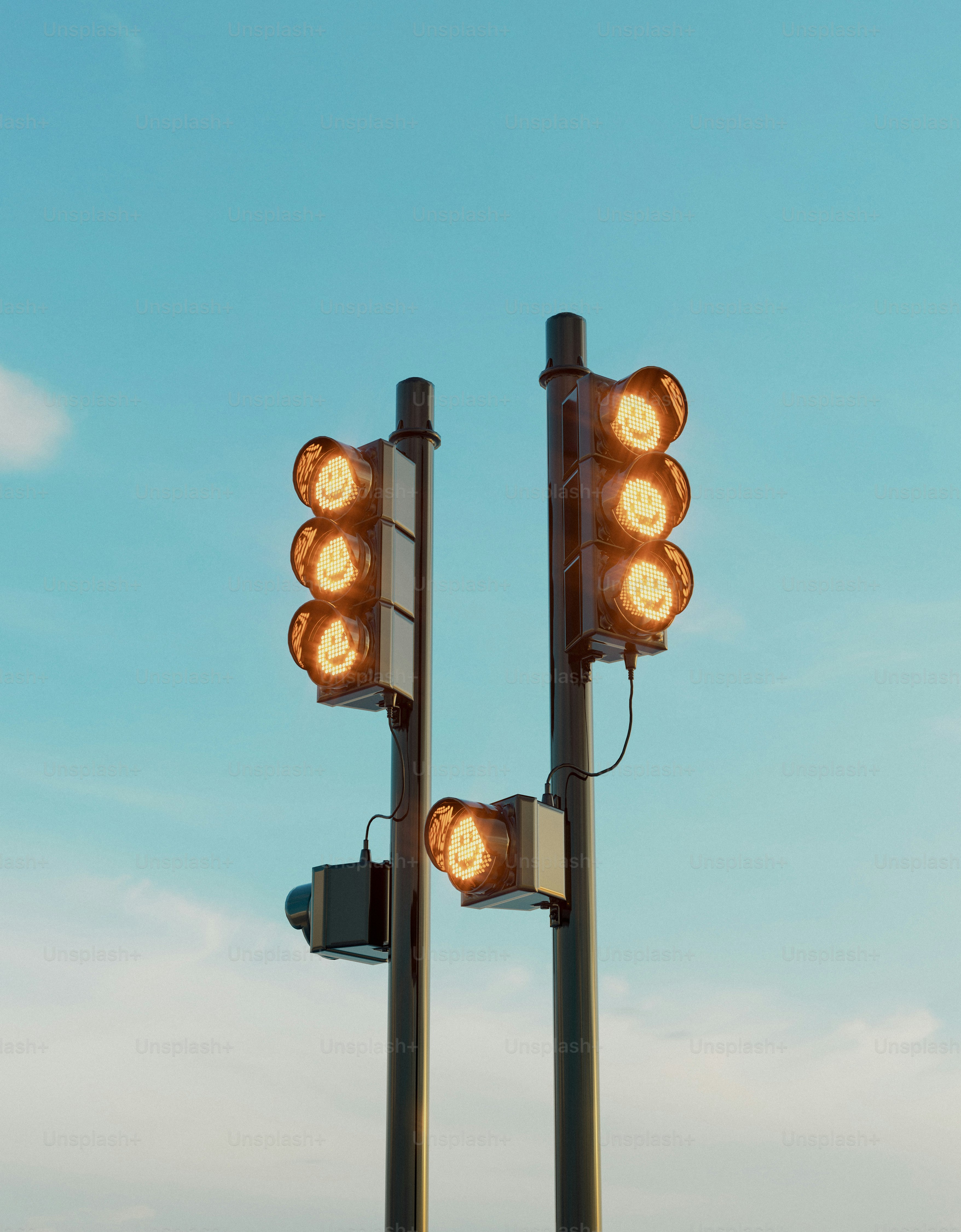 A couple of traffic lights sitting on top of a pole