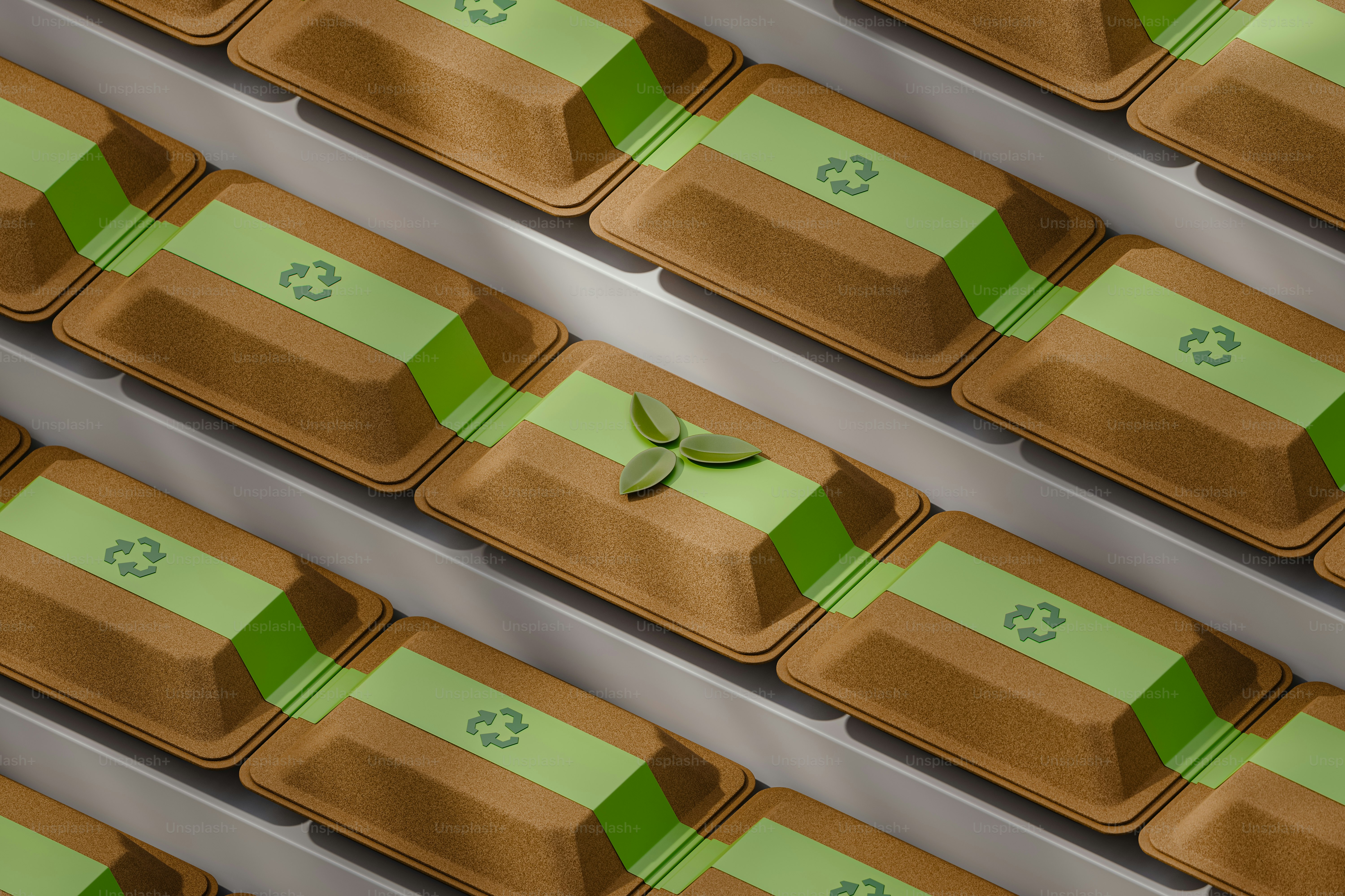 A row of brown and green plastic trays