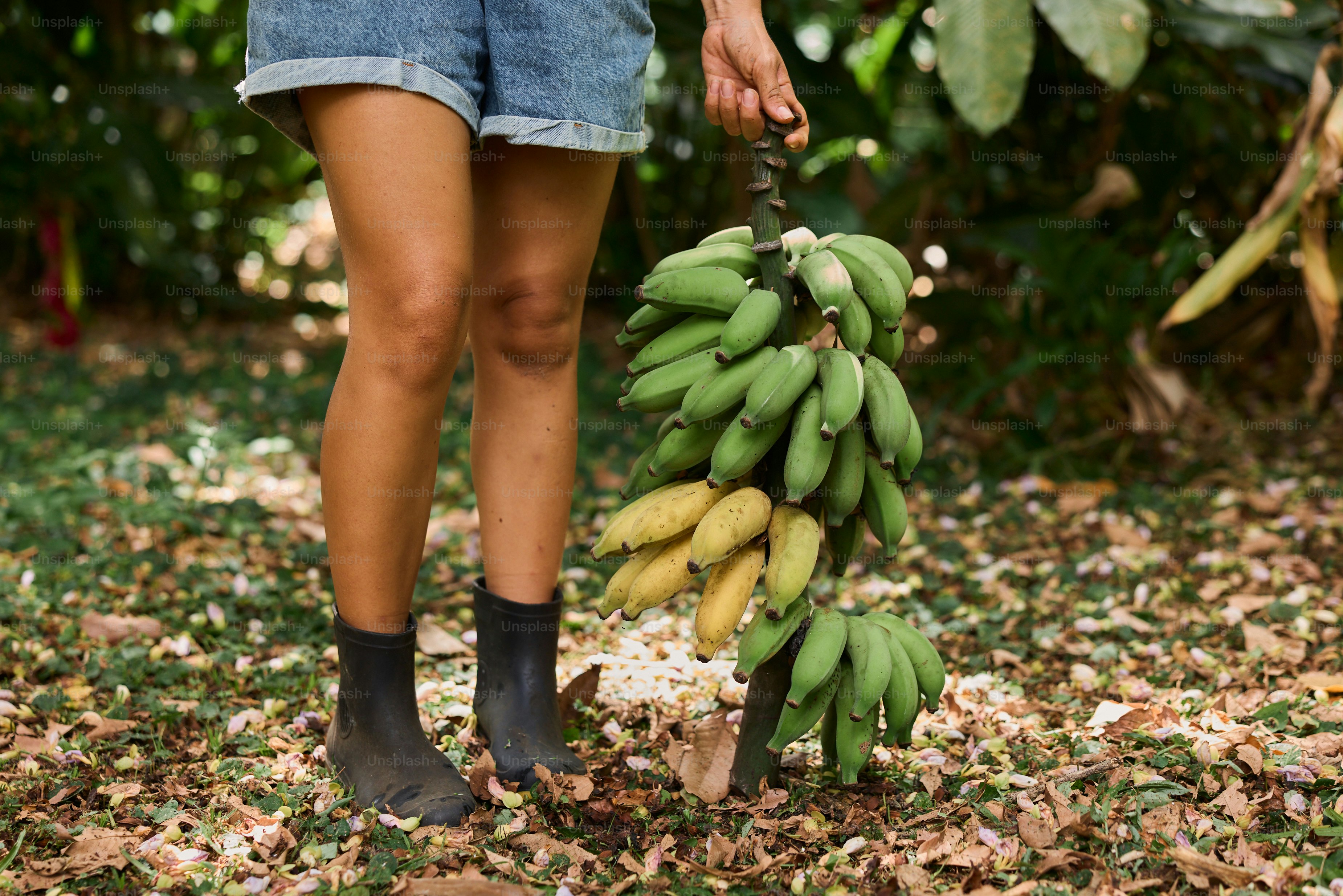 A woman is holding a bunch of bananas