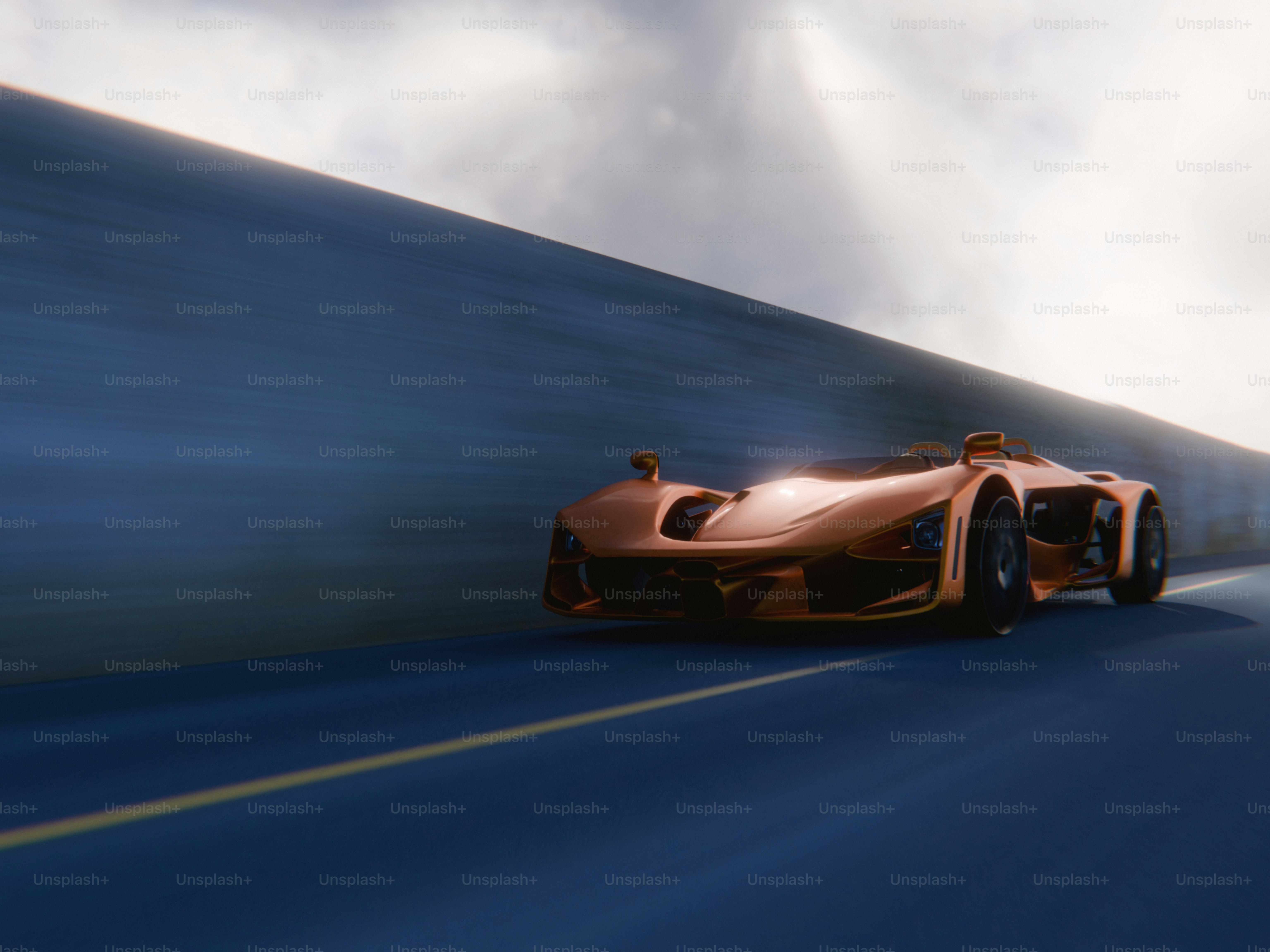 A car driving down a road with a sky background