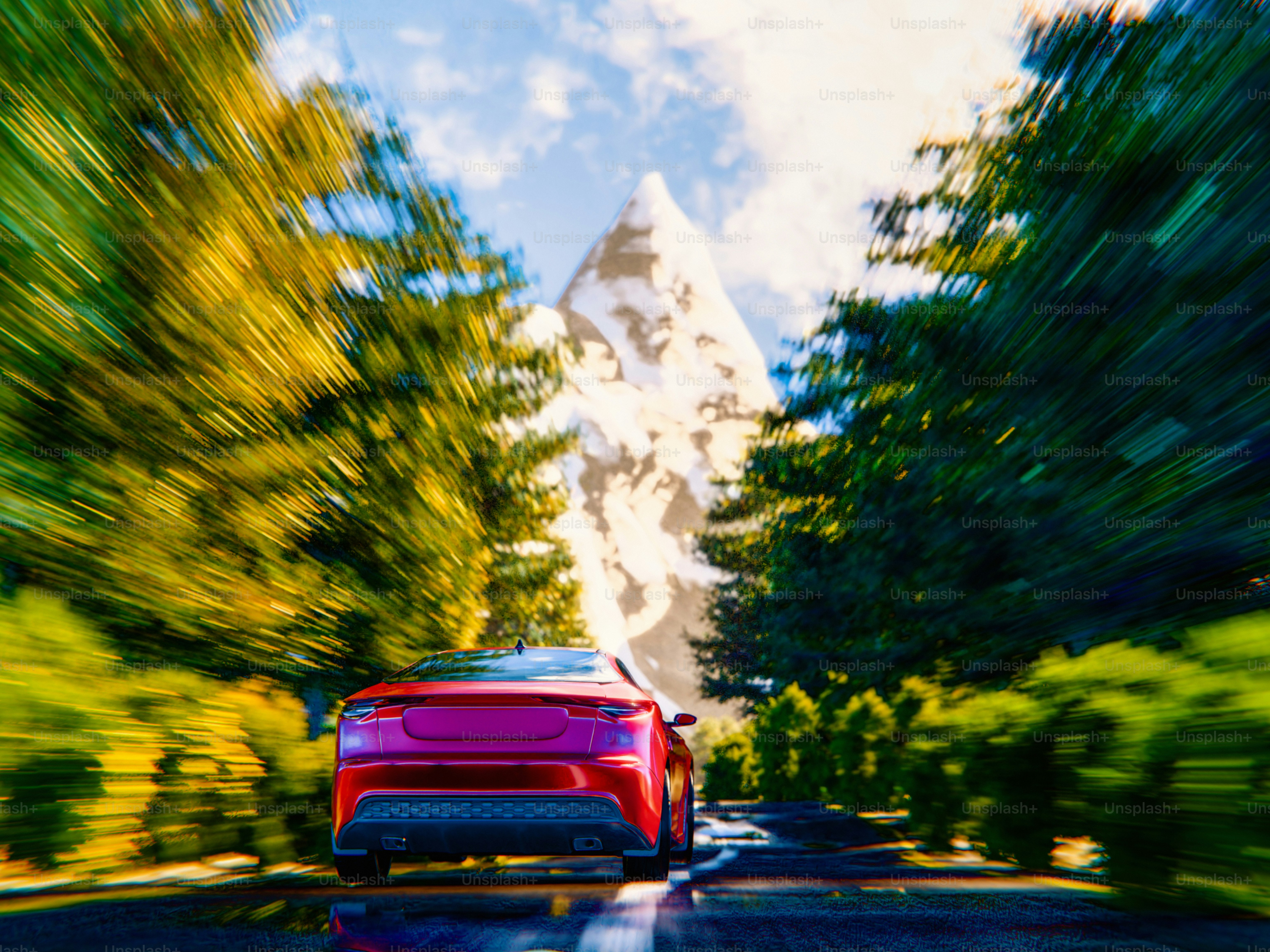 A red car driving down a road next to a forest