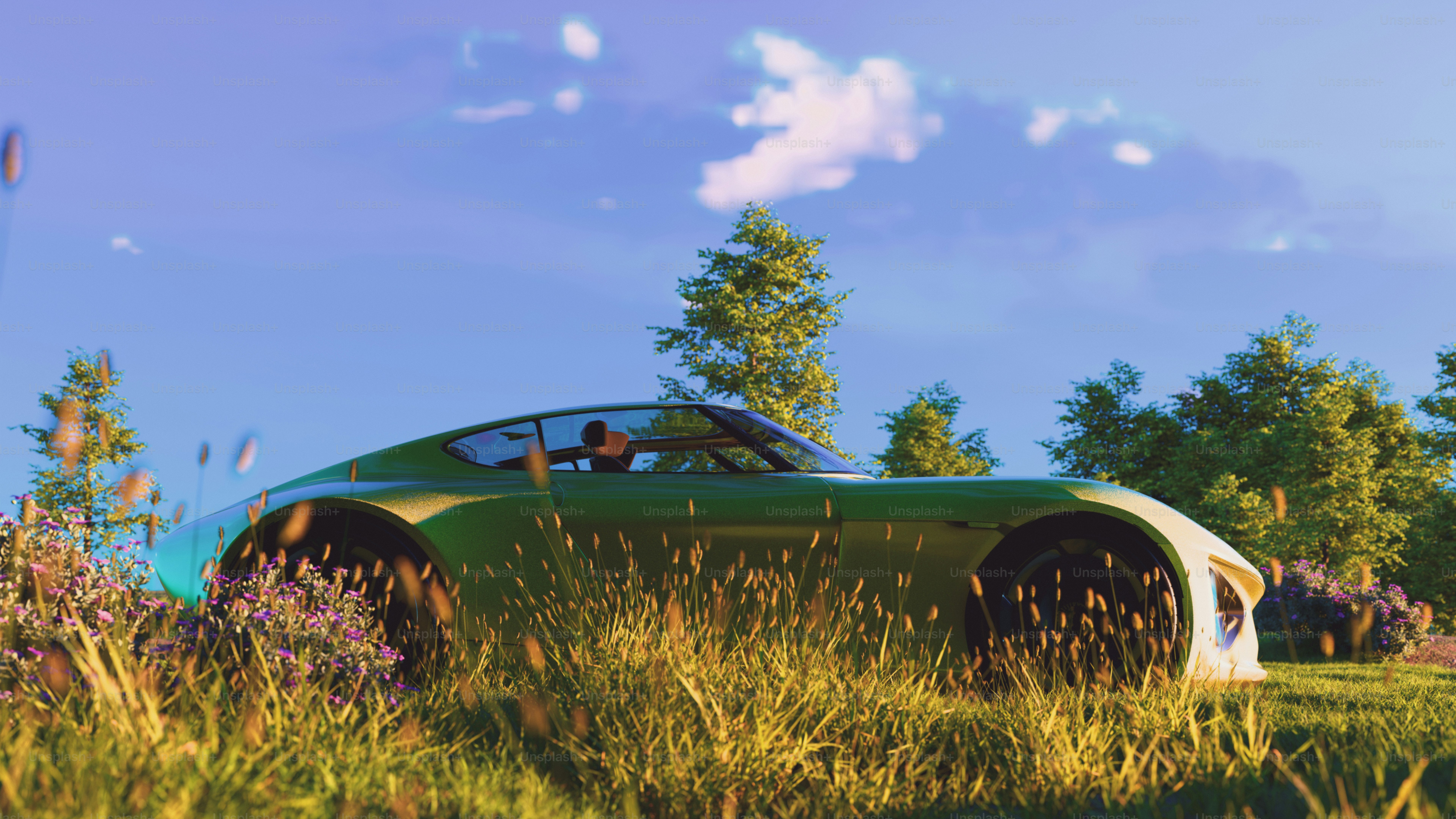 Un coche verde está aparcado en un campo de hierba