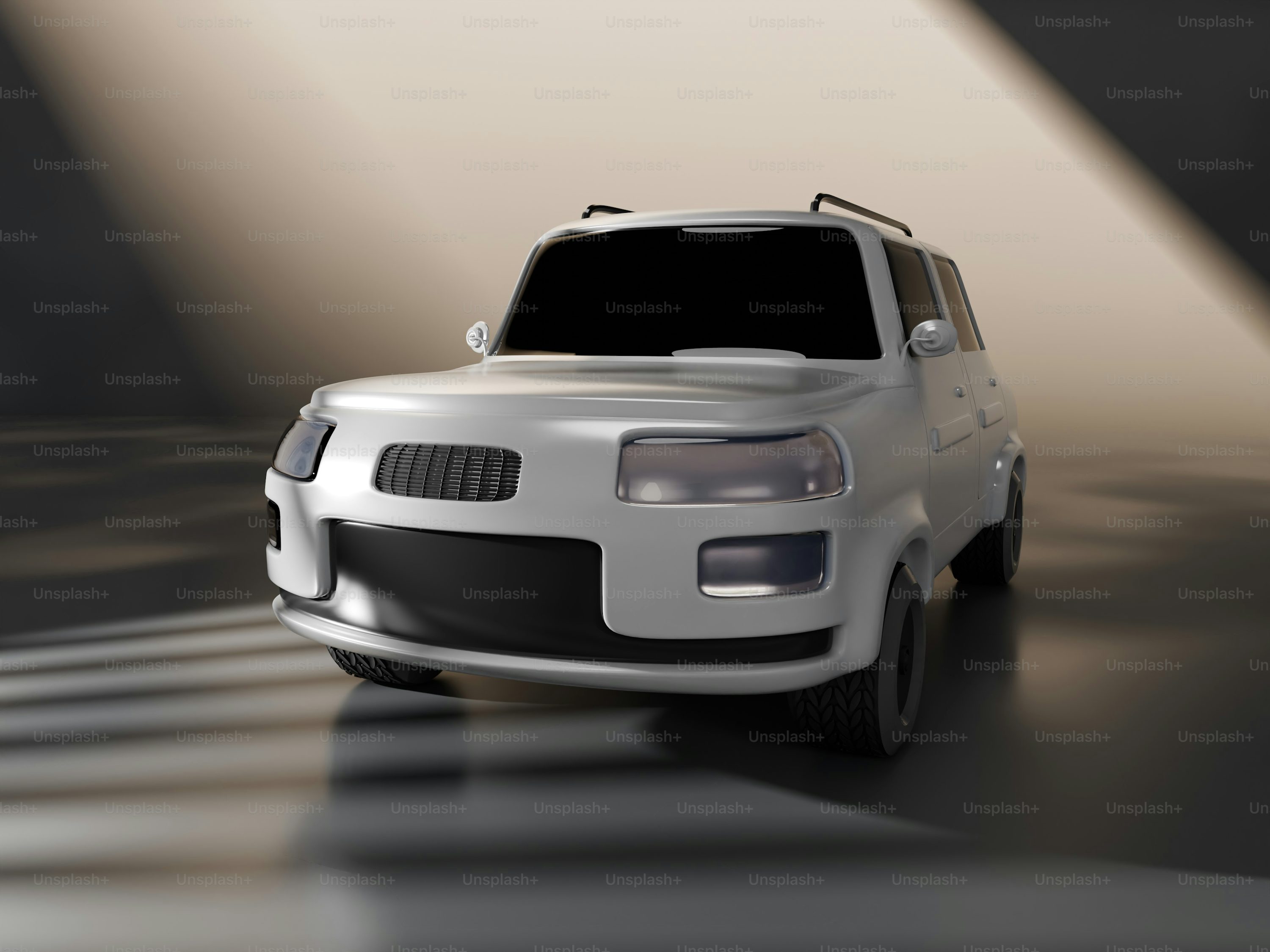 A white car is parked in a dark room