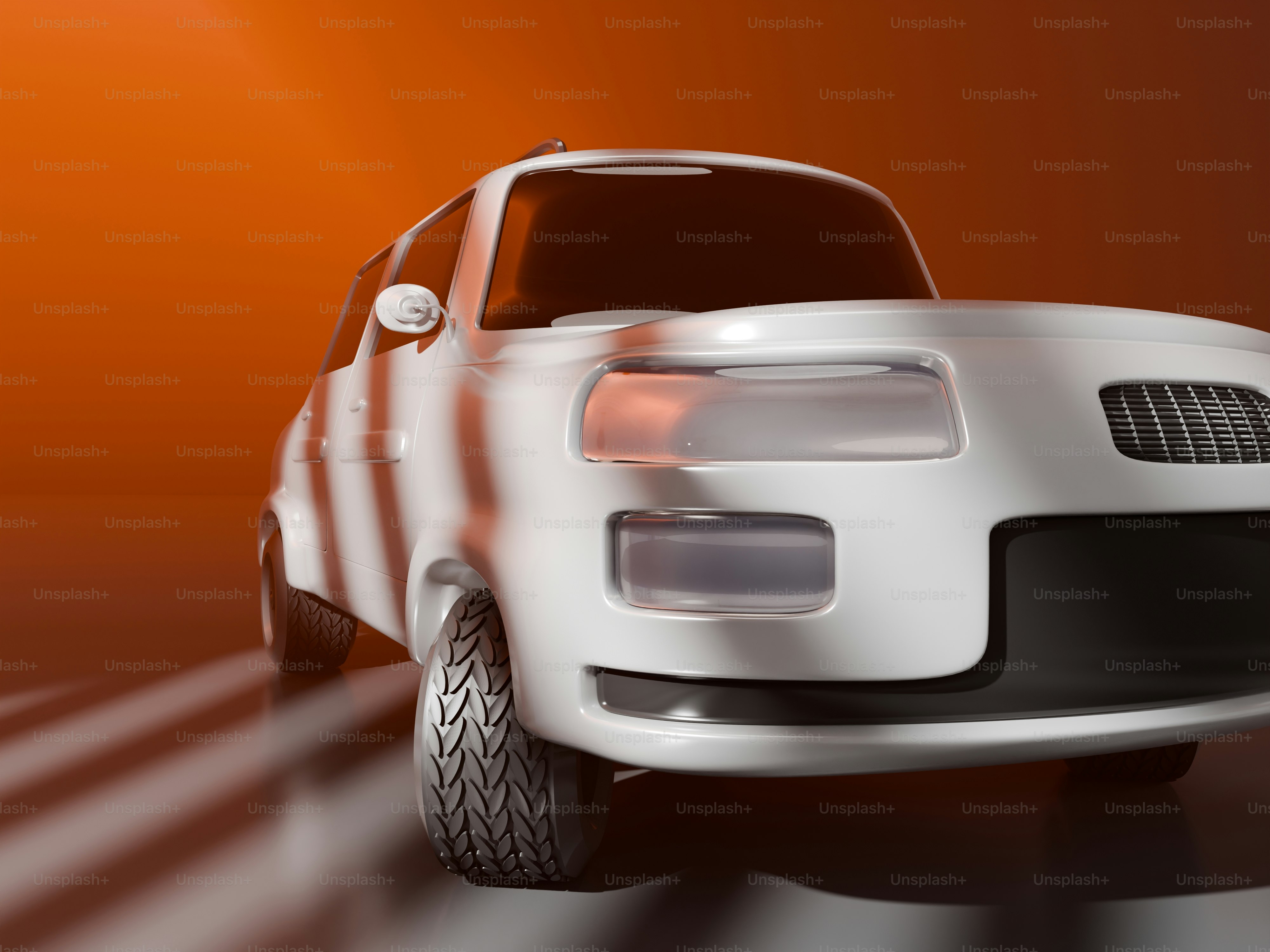 A white car is shown with a red background