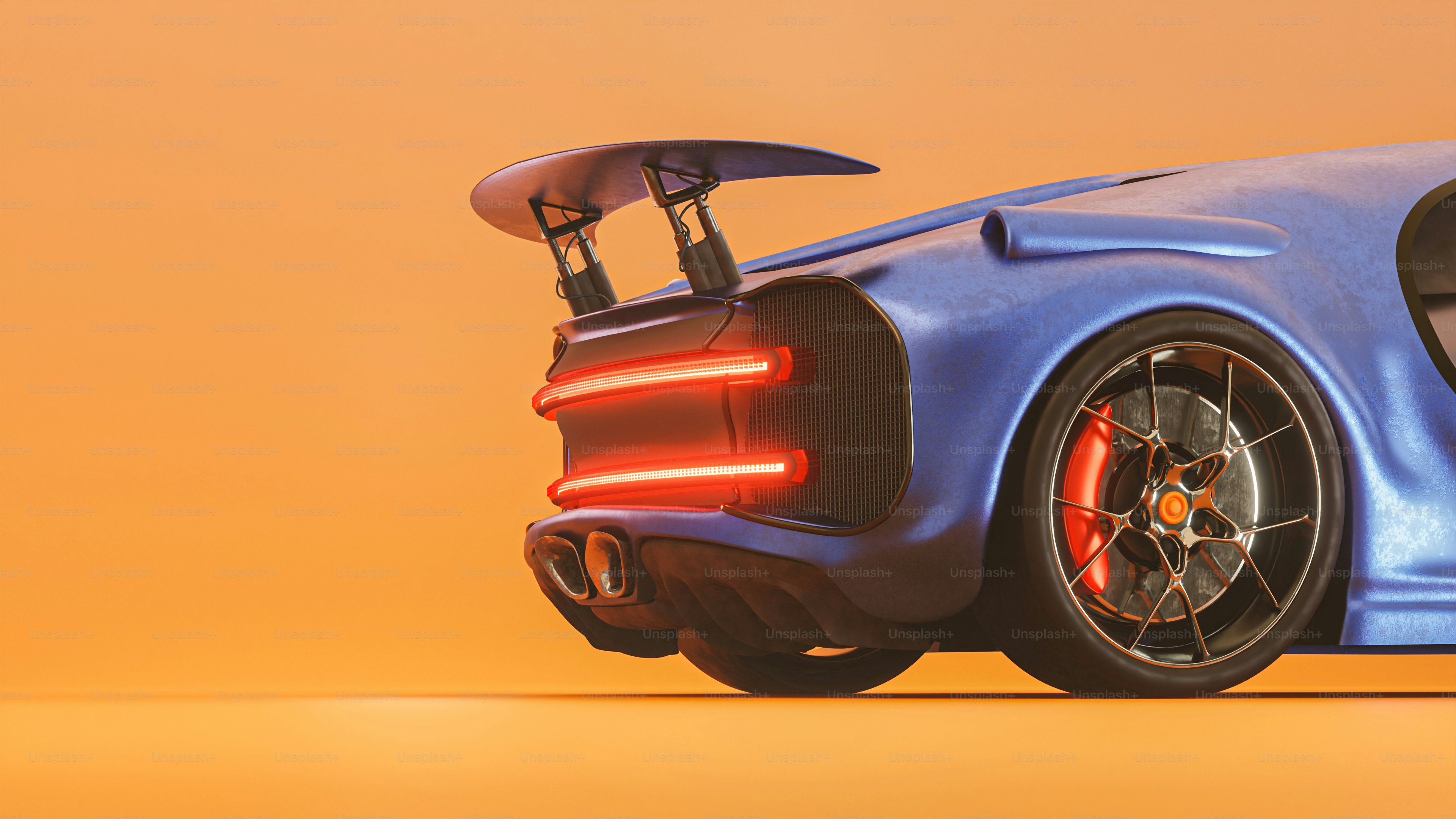 A blue sports car with a surfboard on top of it