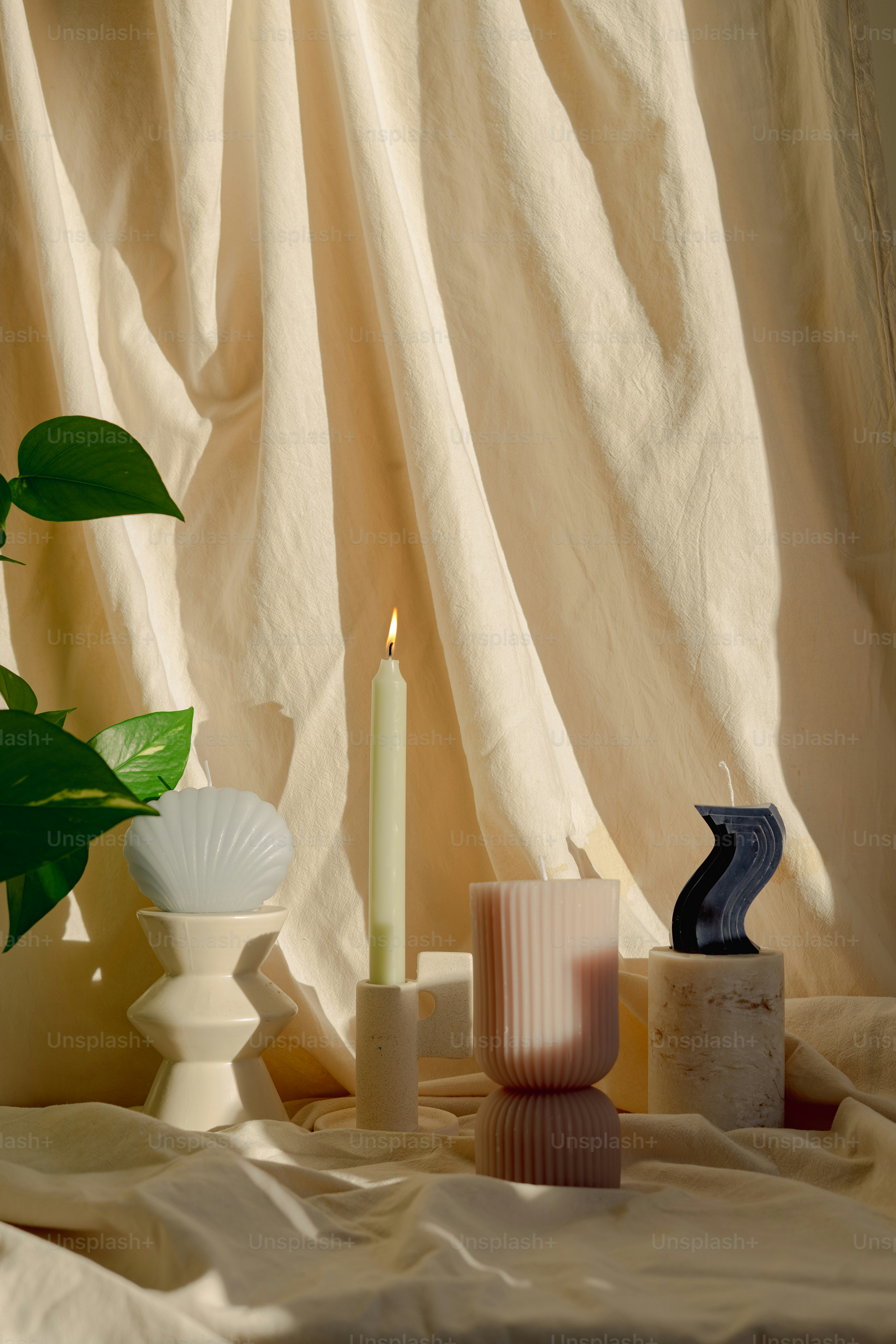 A table topped with candles and a potted plant