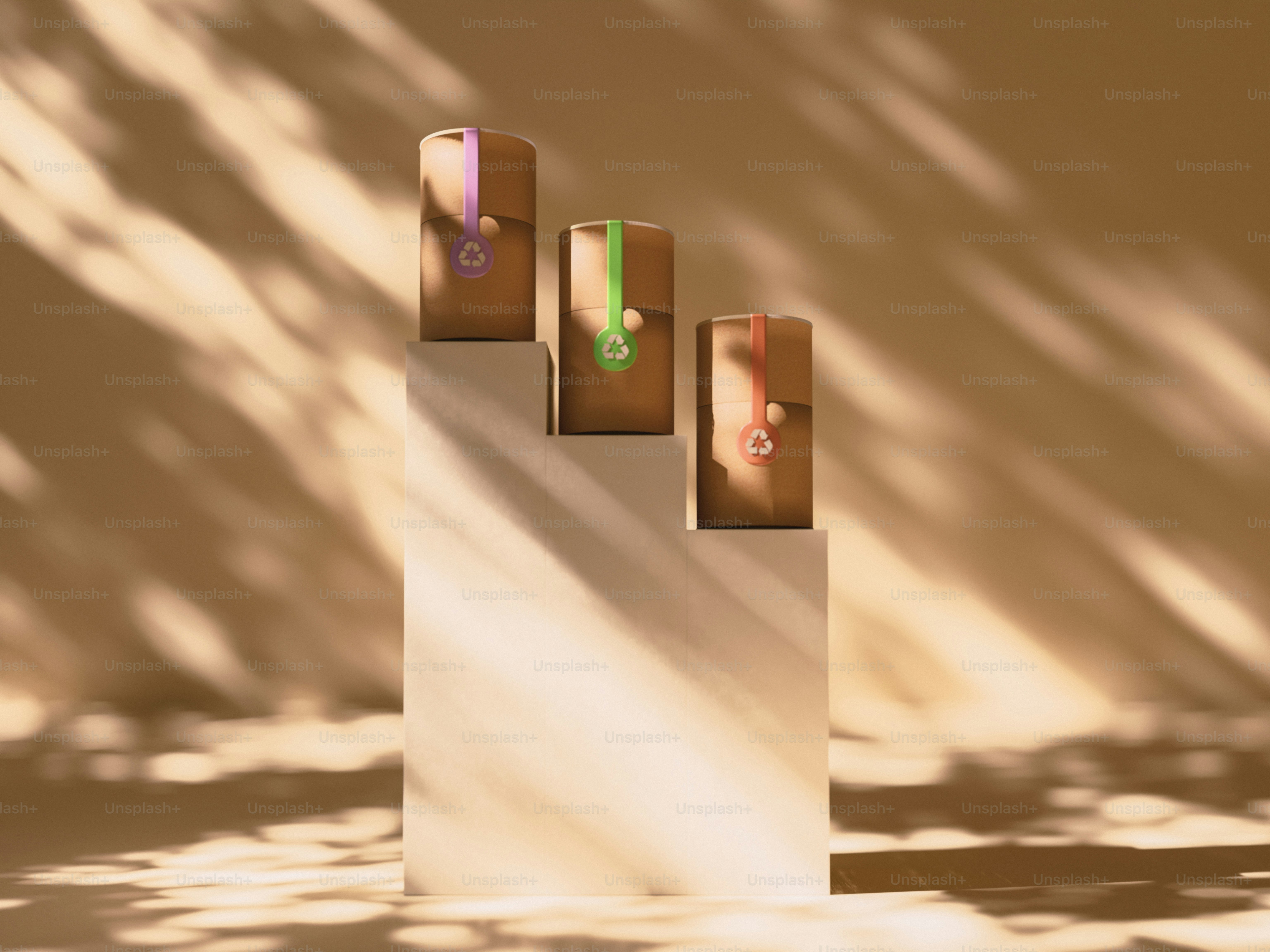 A group of three boxes sitting on top of a table