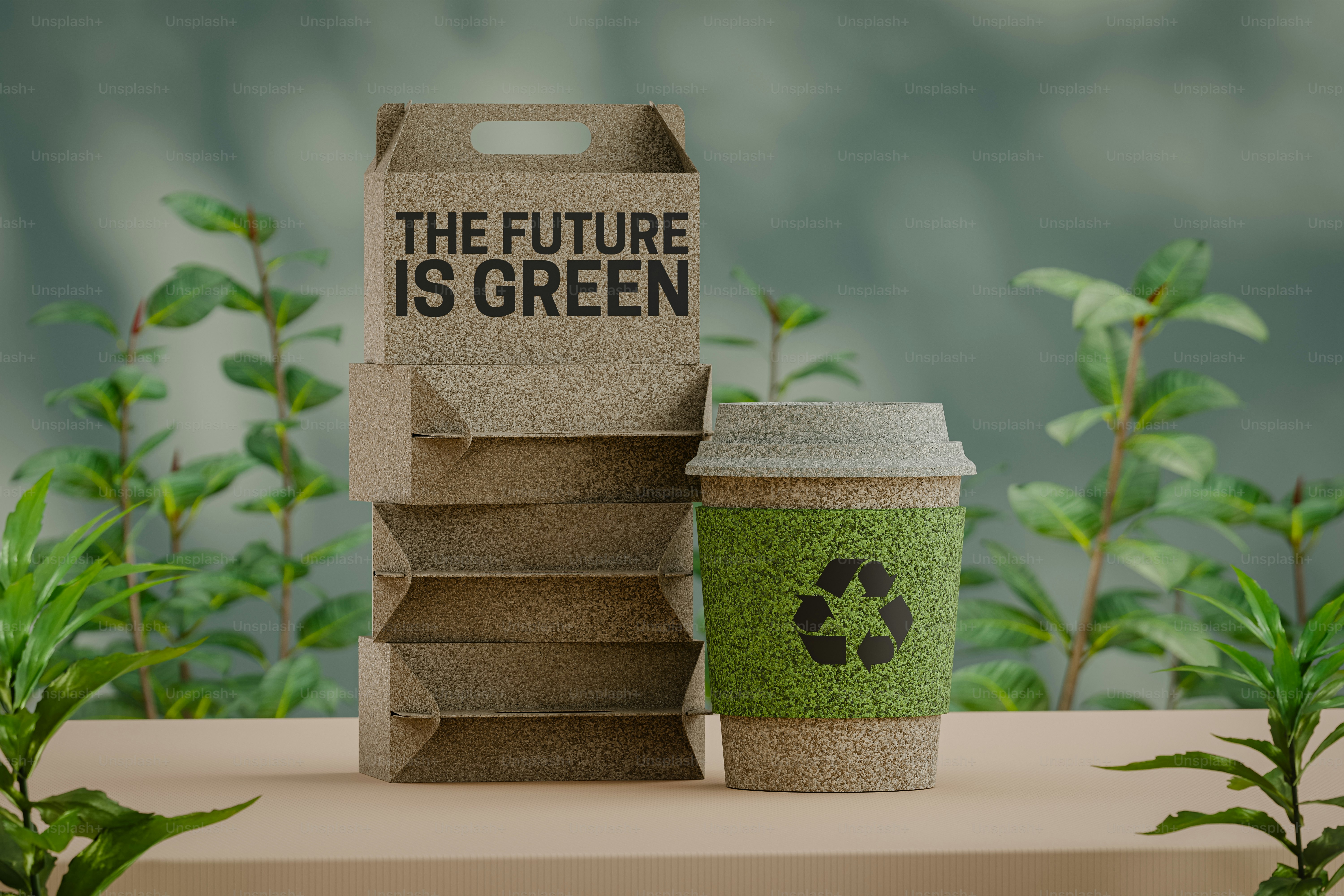 A cup of coffee sitting next to a cardboard box with the words the future is