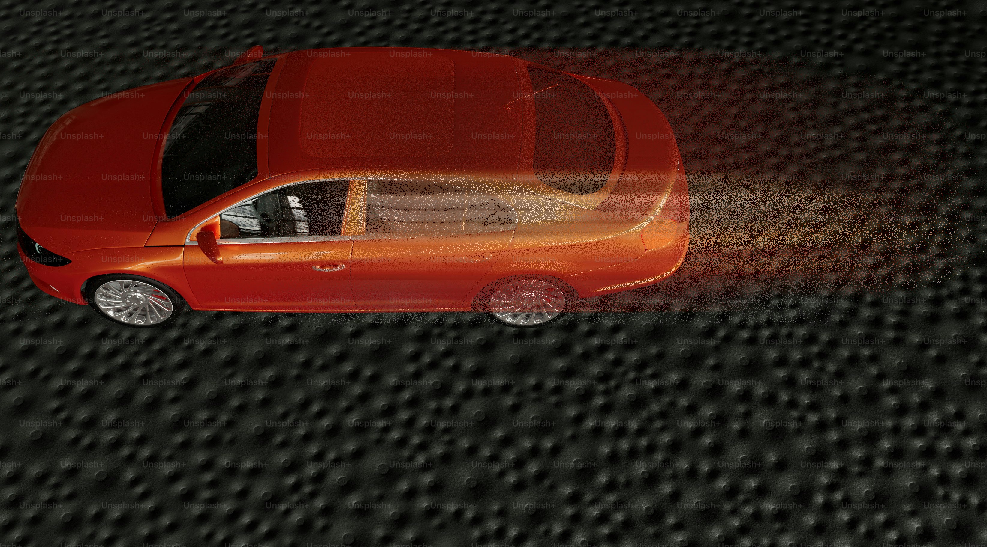 Une voiture rouge est représentée sur un fond noir