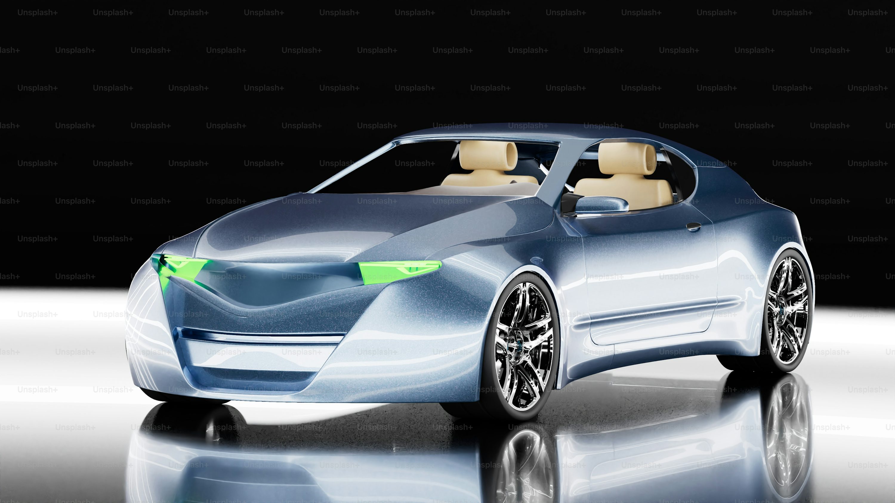 A car that is sitting on a reflective surface