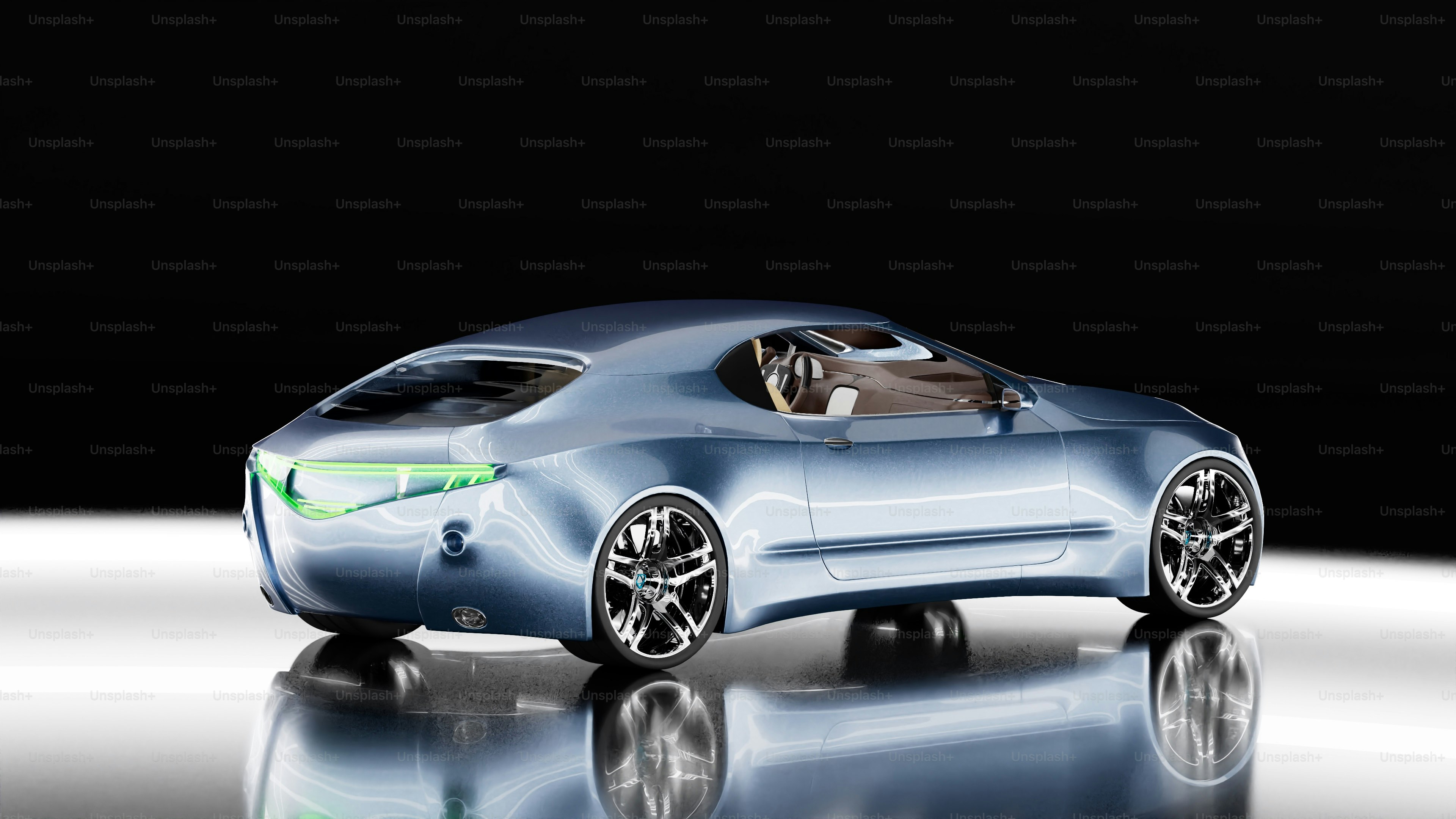 A blue toy car sitting on top of a reflective surface