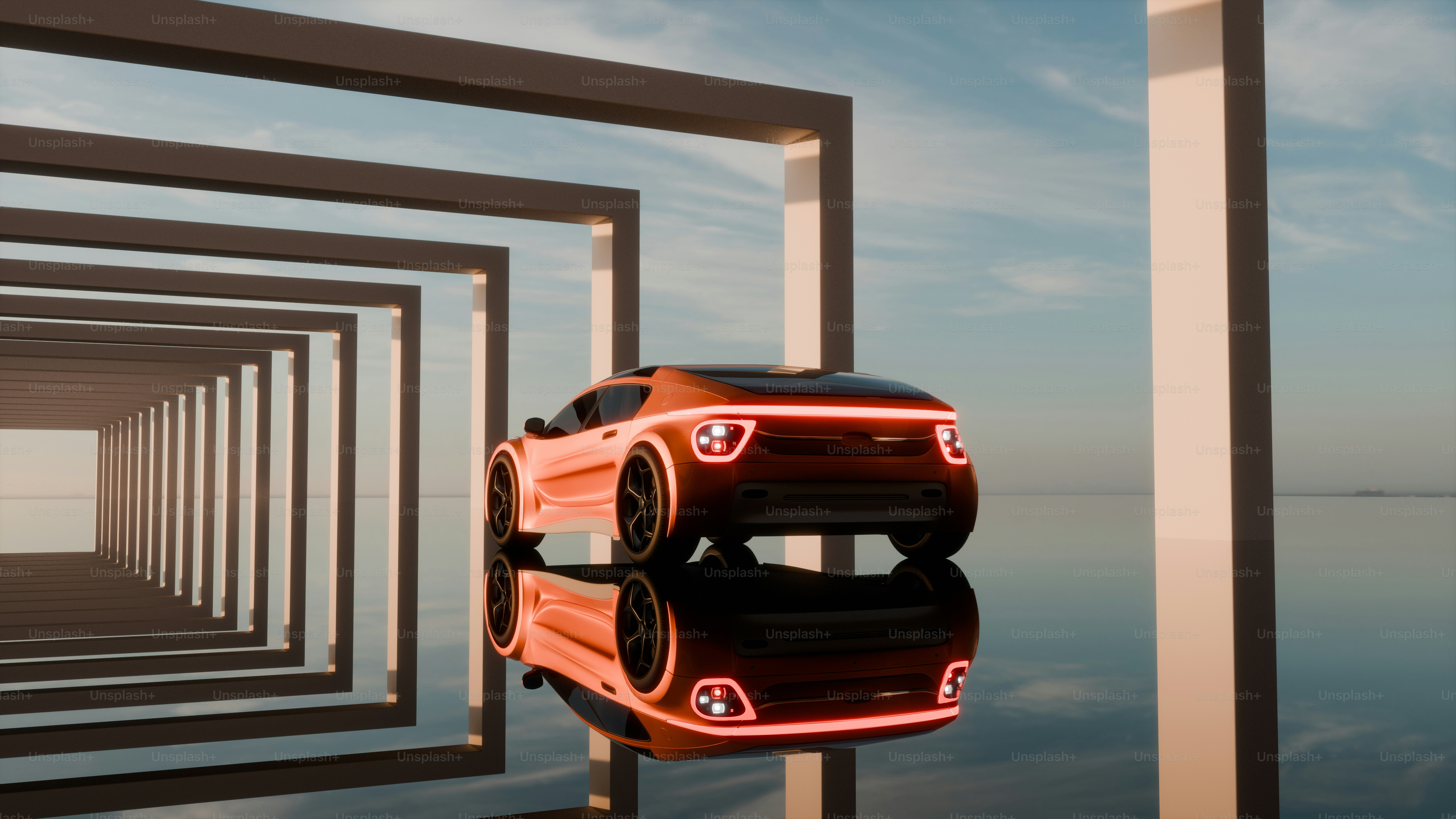 Ein rotes Auto, das vor einem Spiegel parkt