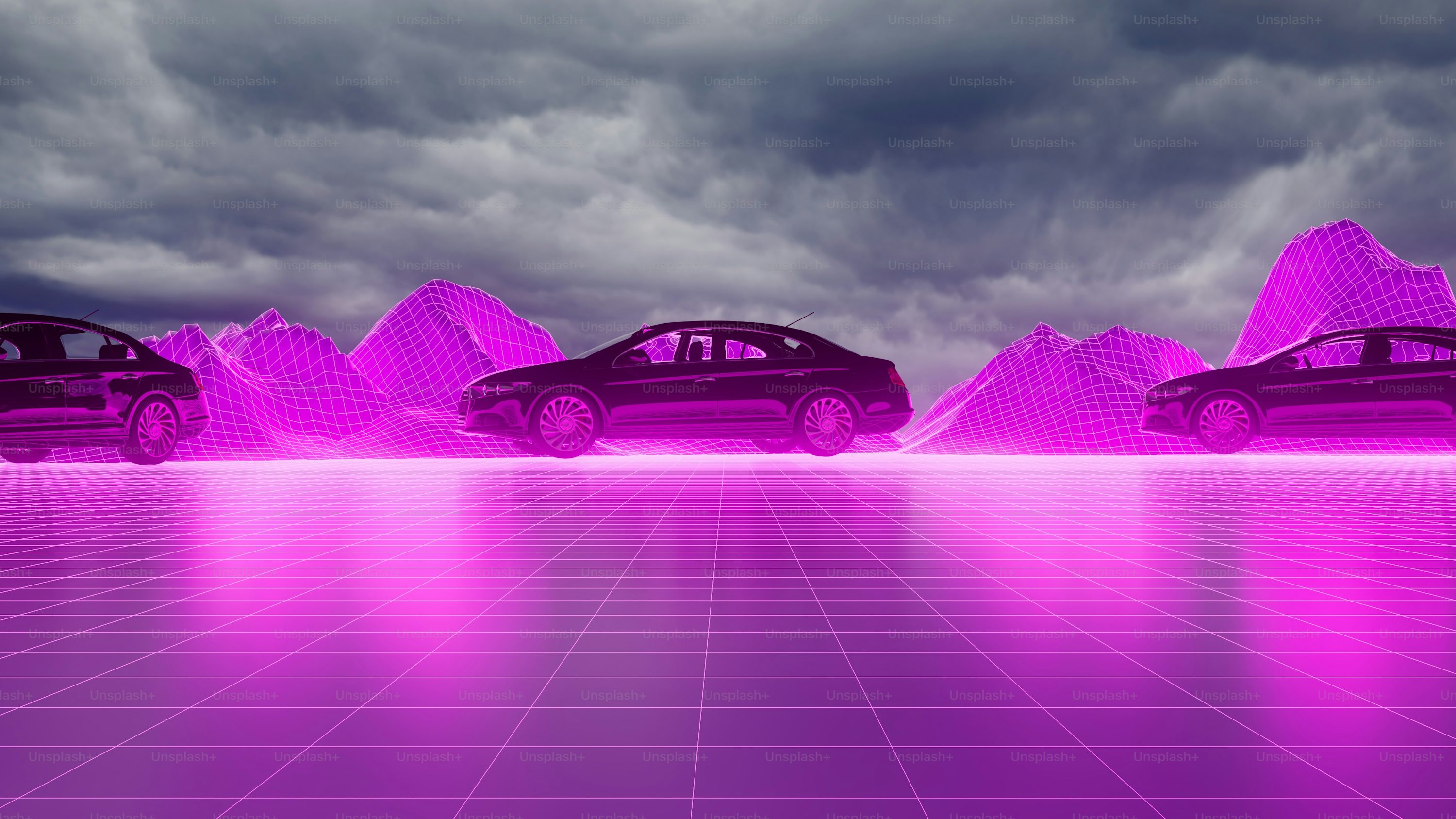 A group of cars sitting on top of a tiled floor