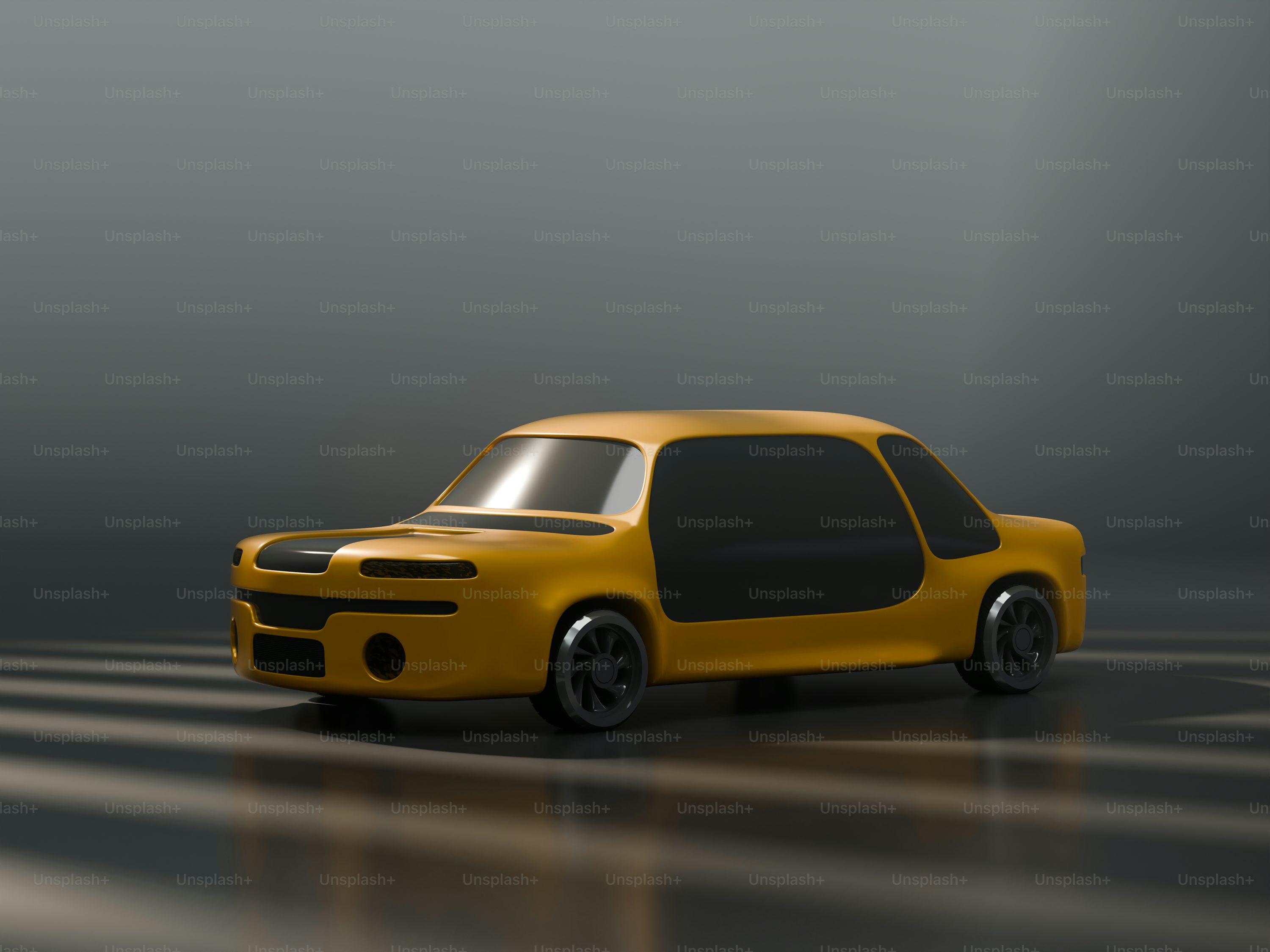 A small yellow car sitting on top of a floor