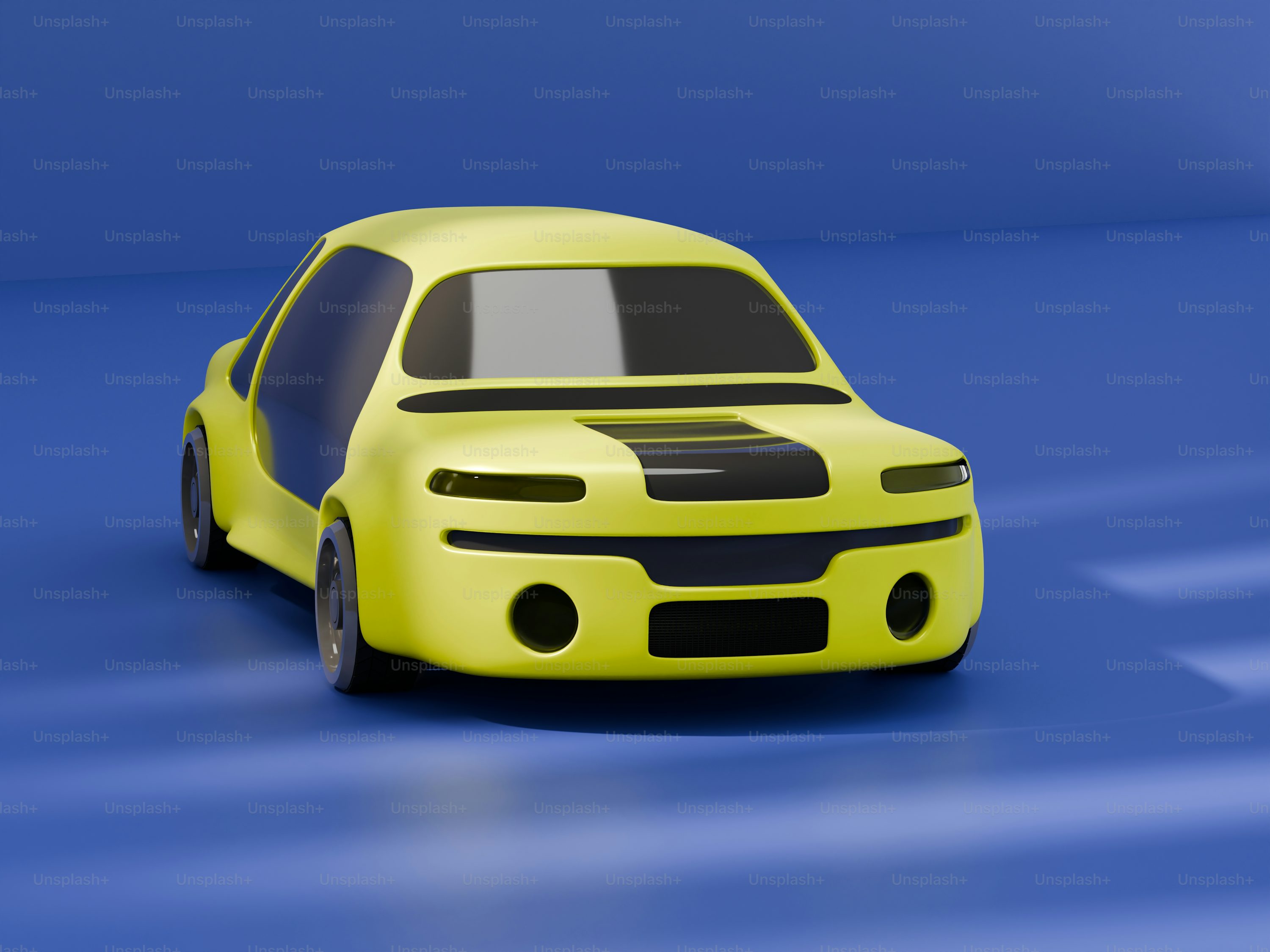 A yellow toy car on a blue background