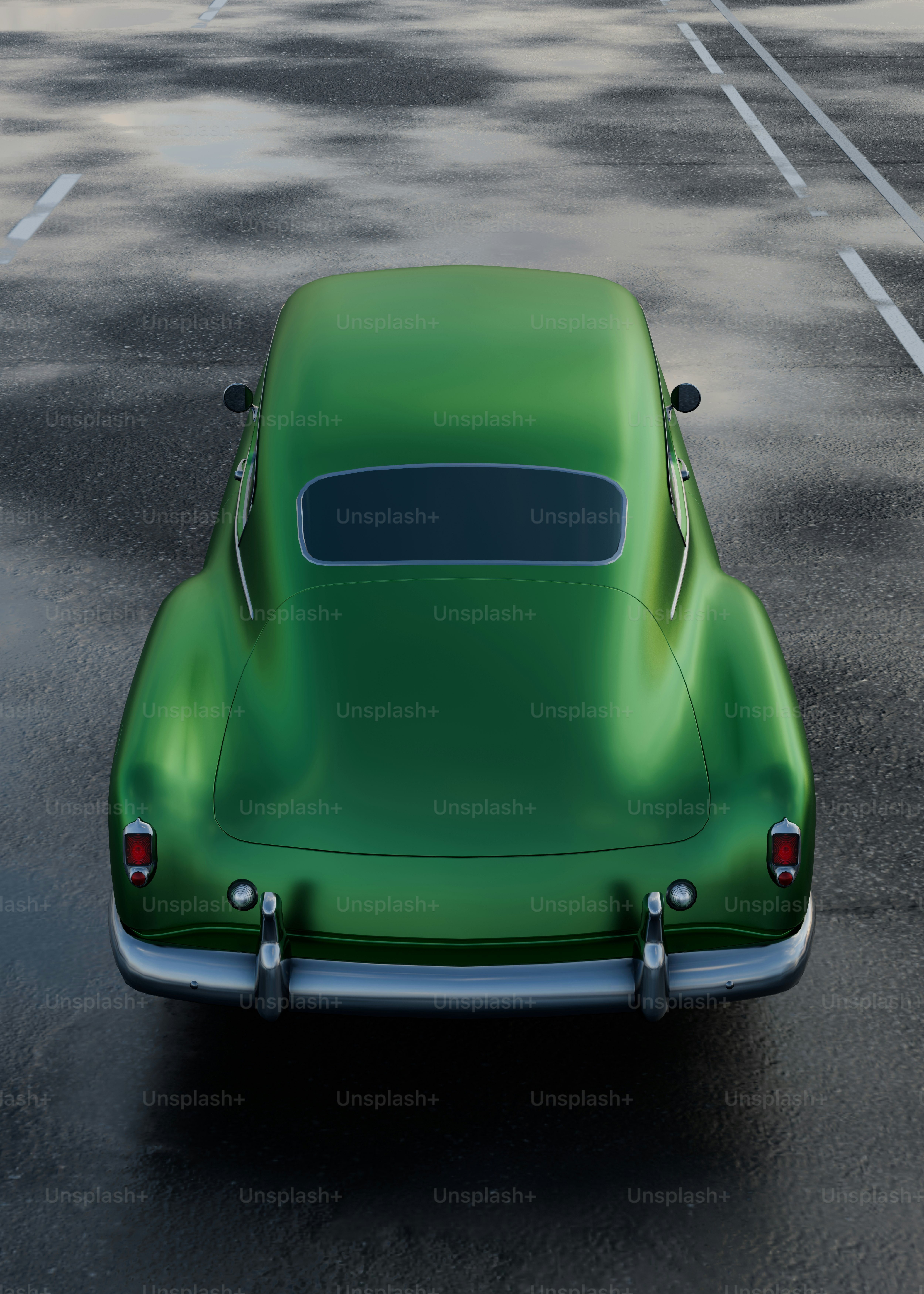 A green car parked in a parking lot