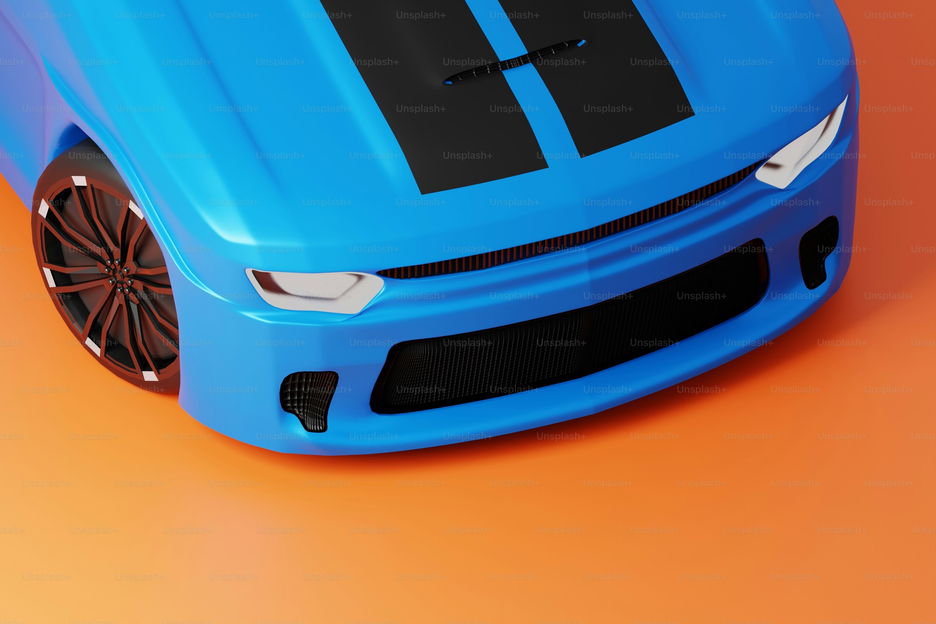 A blue toy car on an orange background