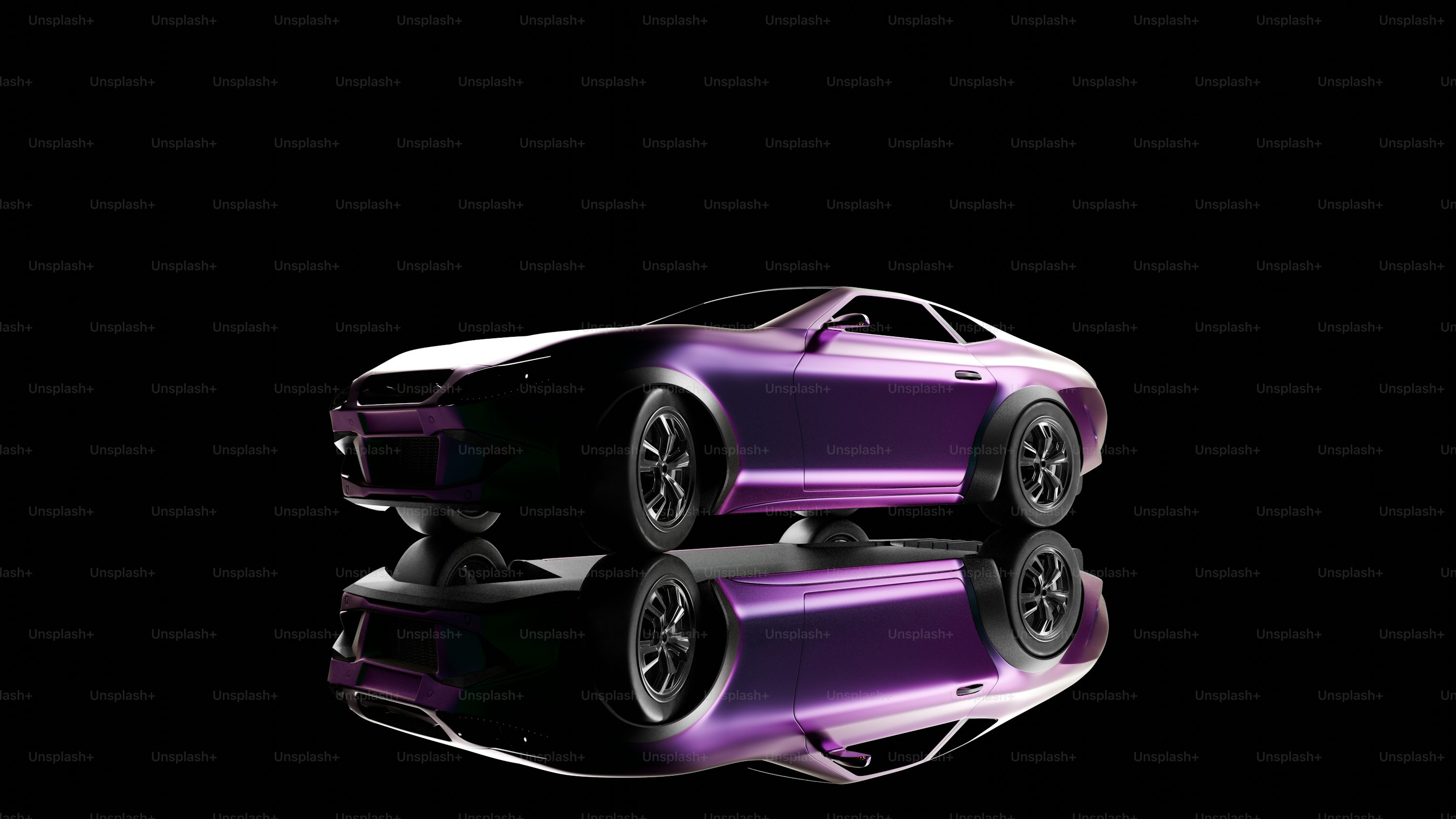 A purple car is shown in the dark