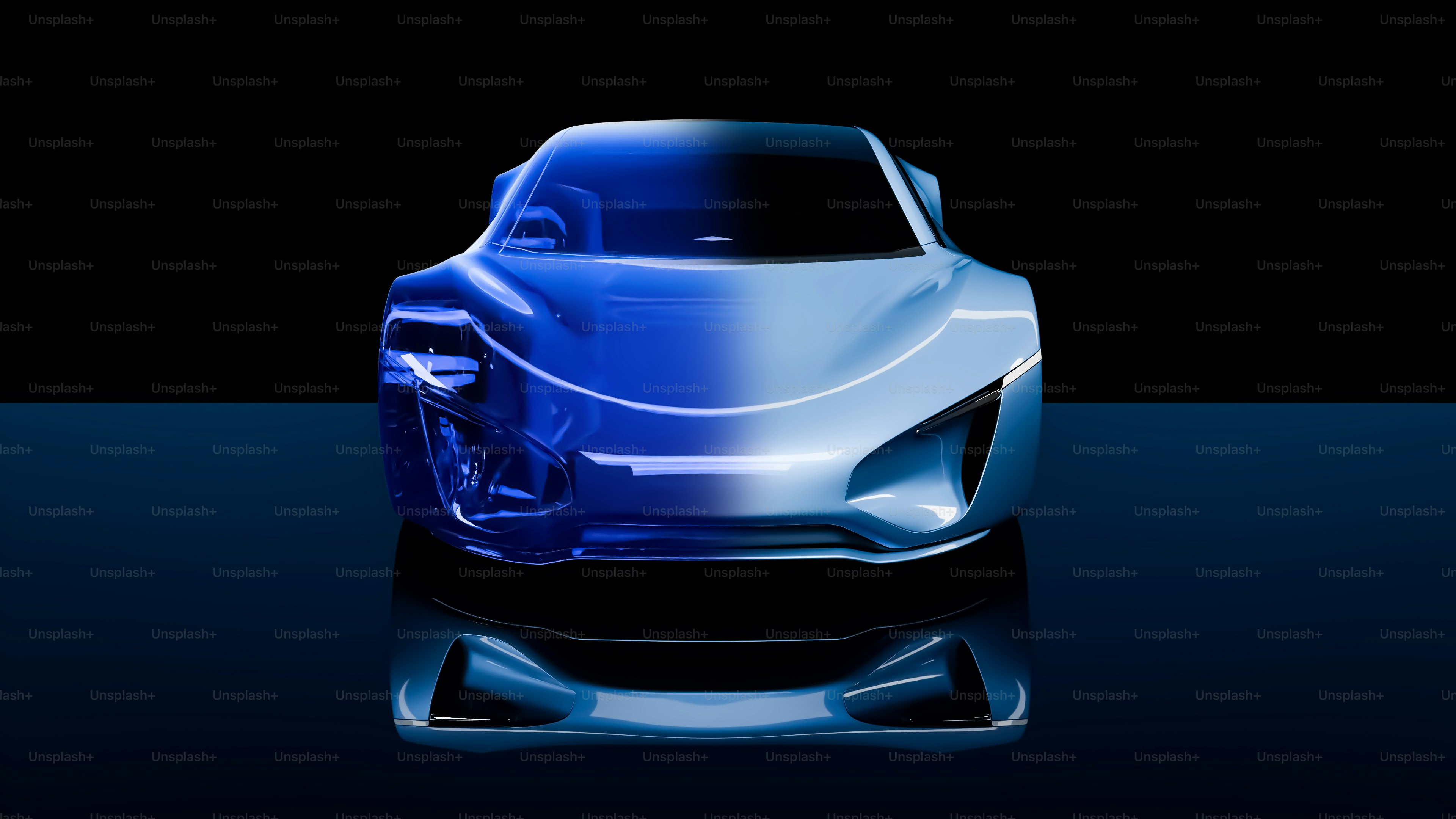 A blue sports car on a reflective surface