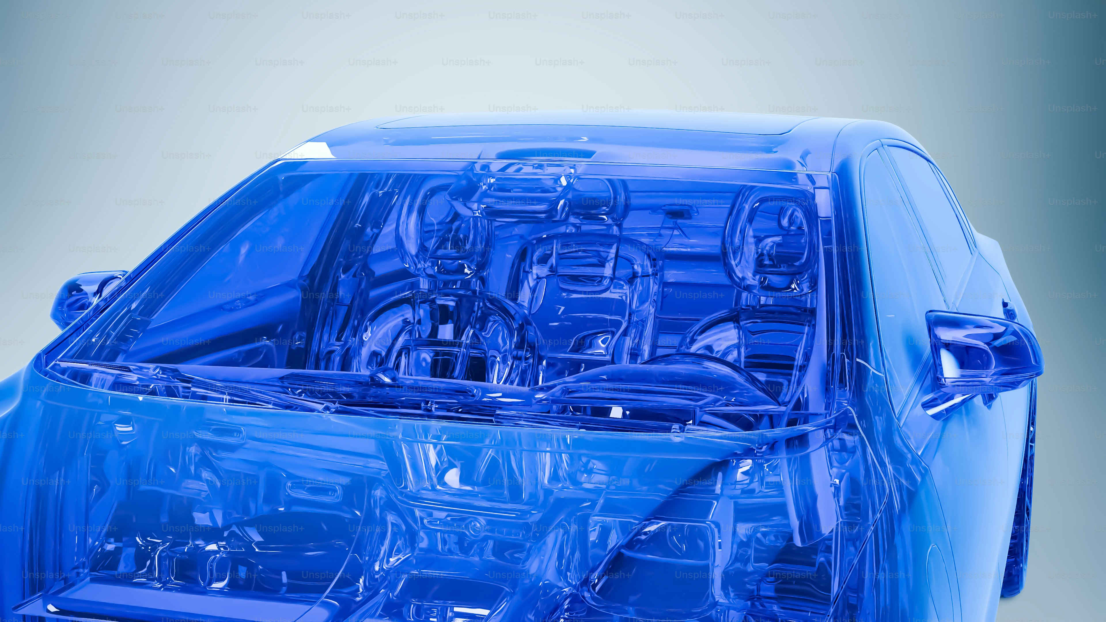 Eine Nahaufnahme eines blauen Autos mit vielen Teilen darauf