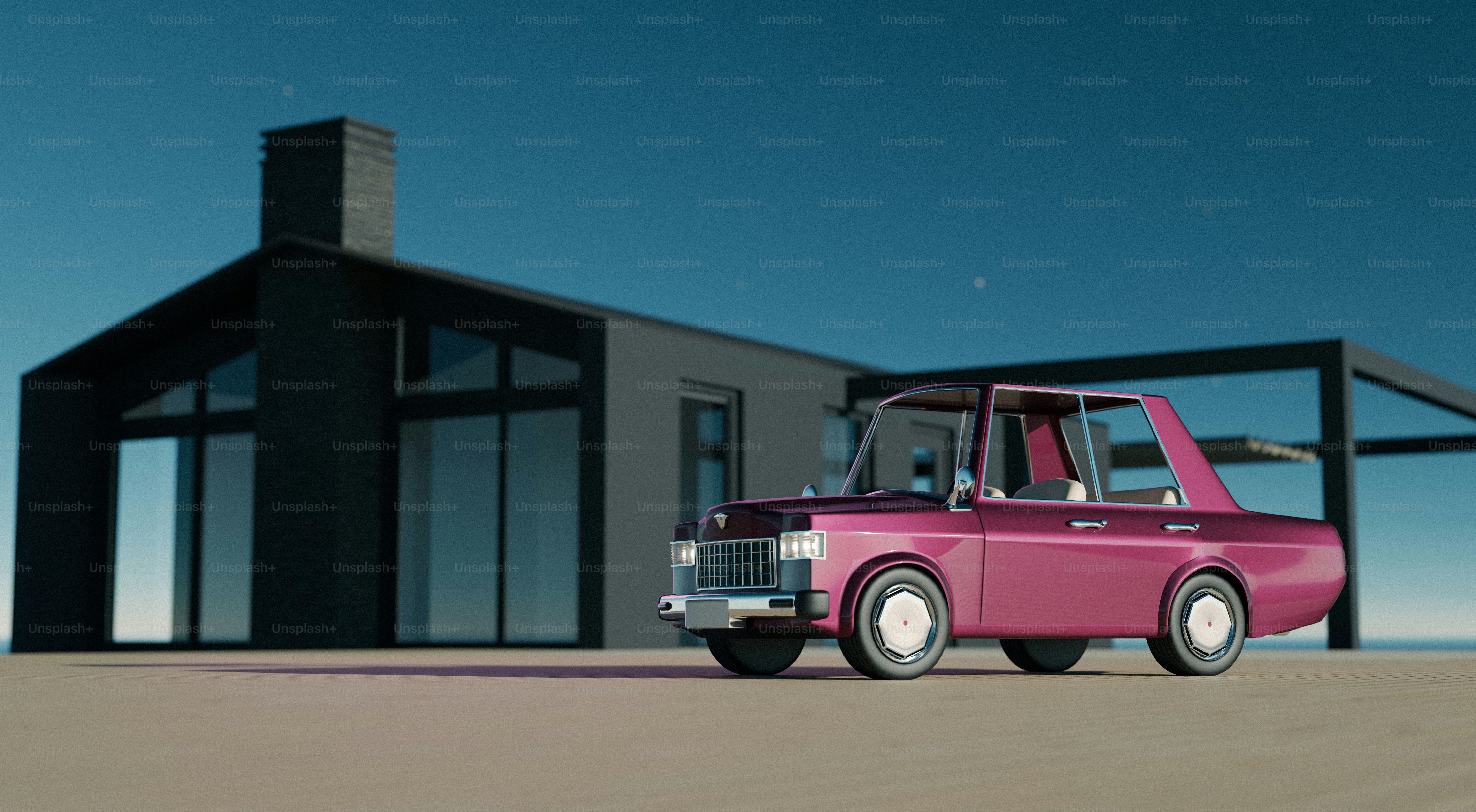 A pink car parked in front of a black building