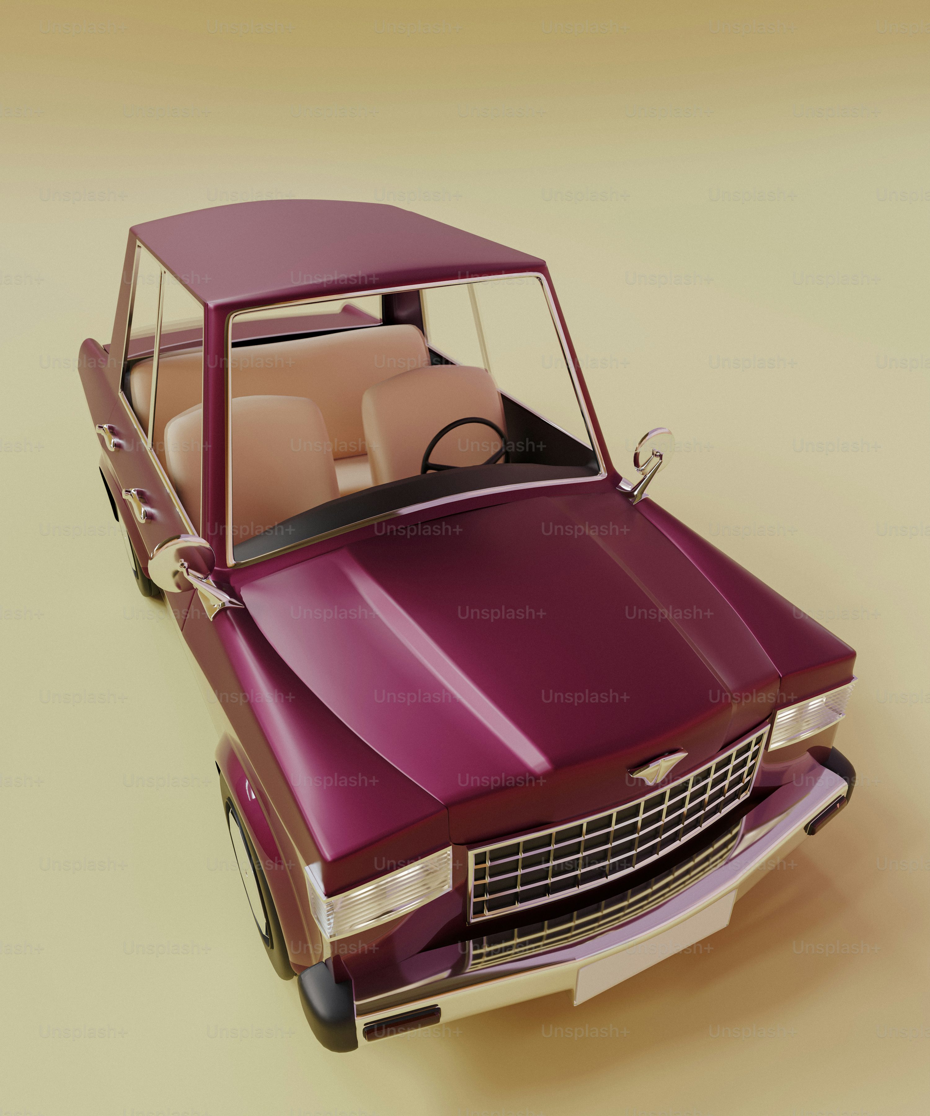 A purple car is parked on a tan surface