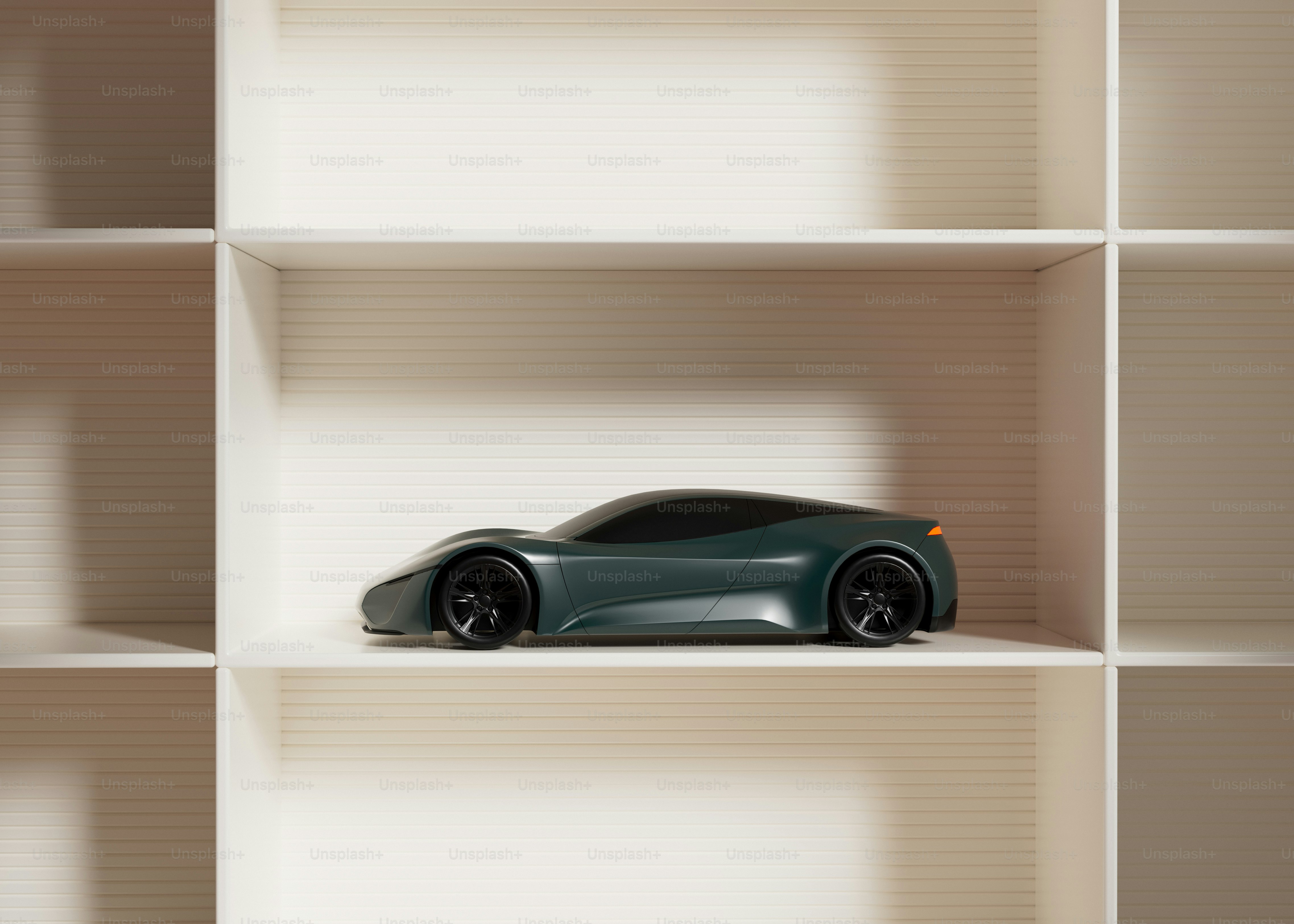 A toy car sitting on top of a shelf
