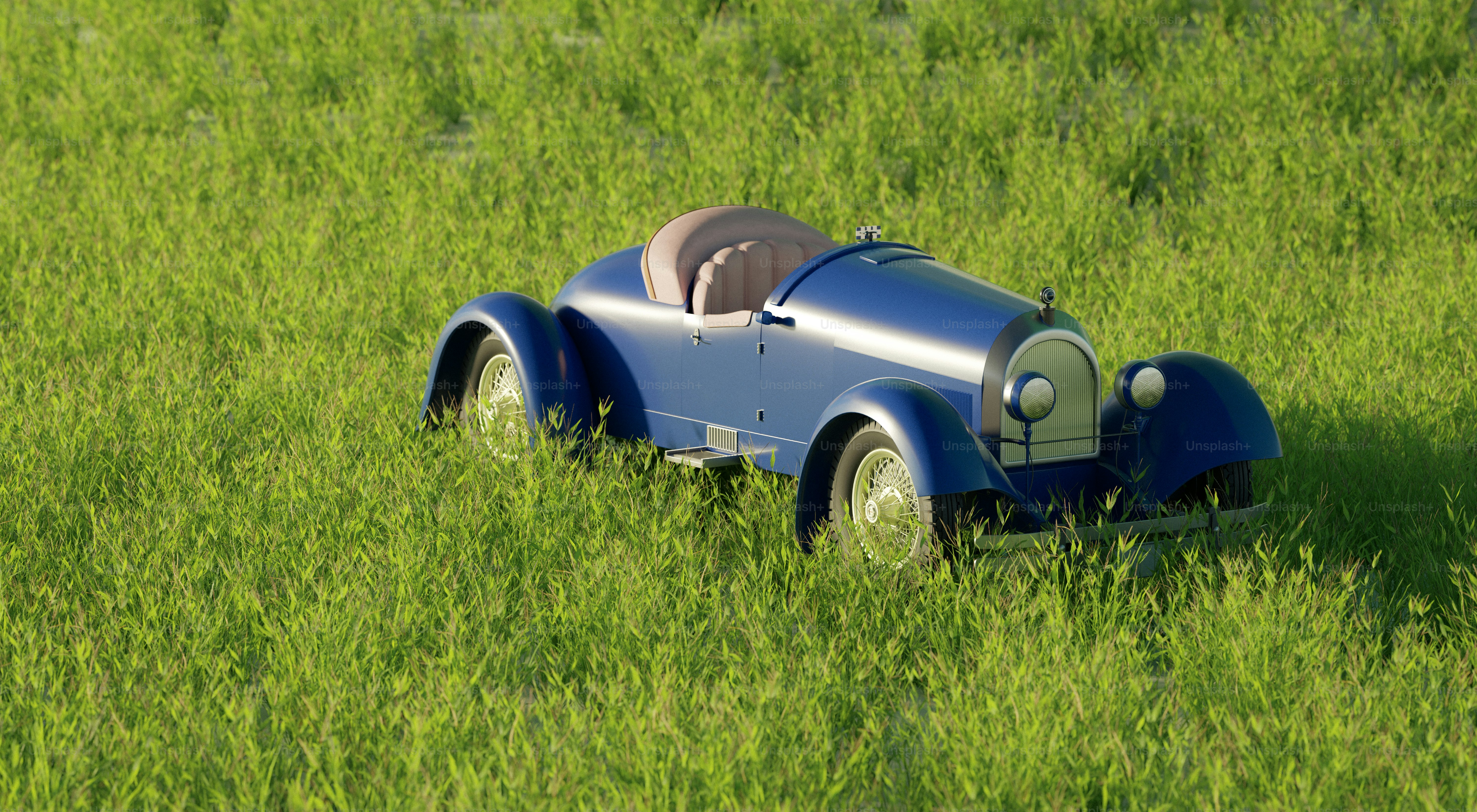 A toy car sitting in the middle of a field