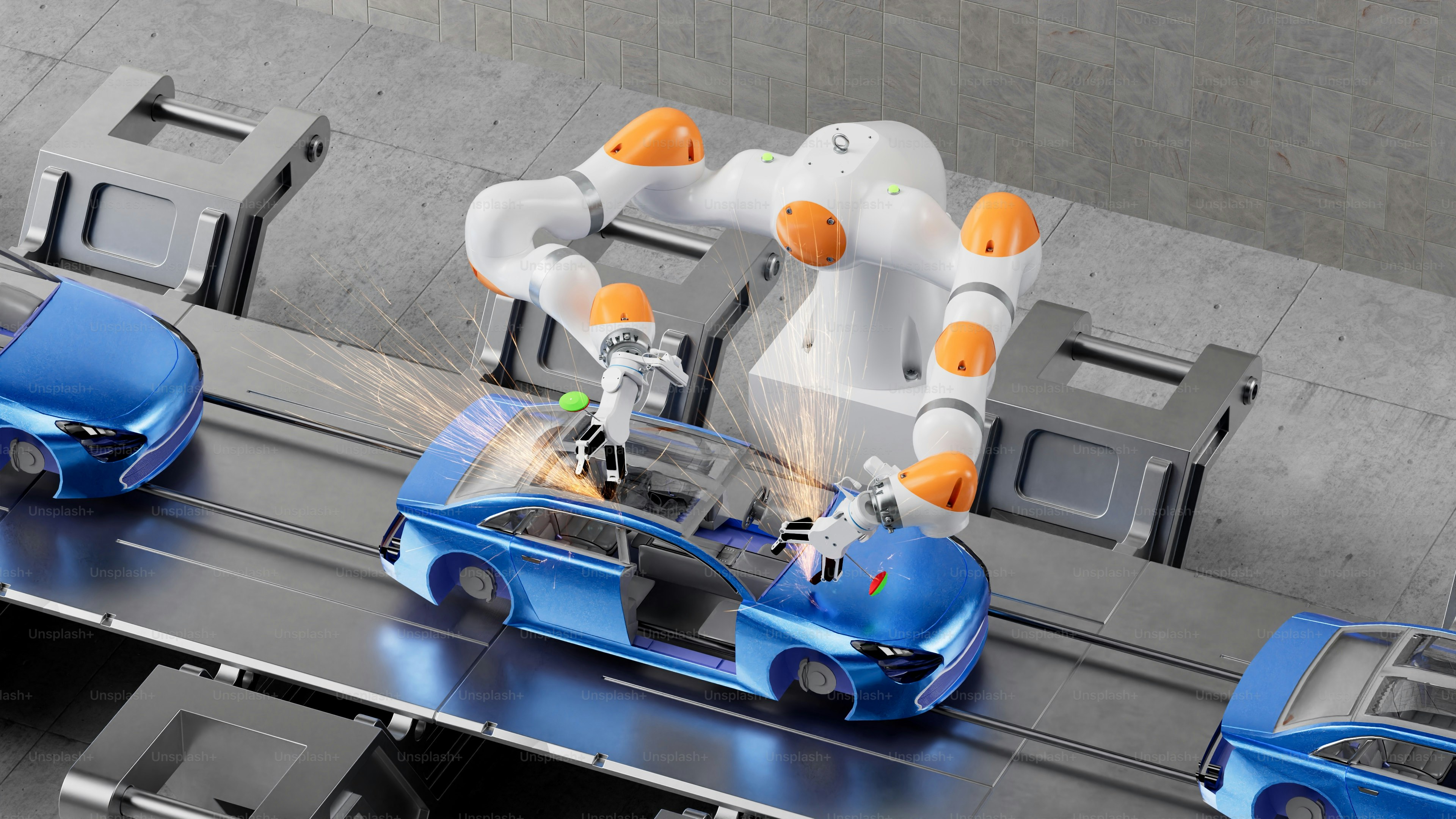 A group of toy cars sitting on top of a conveyor belt