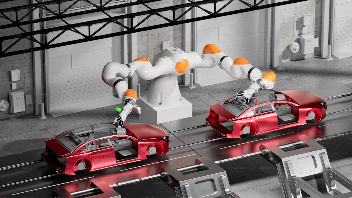 Cars on a conveyor belt moving through an automated tunnel car wash