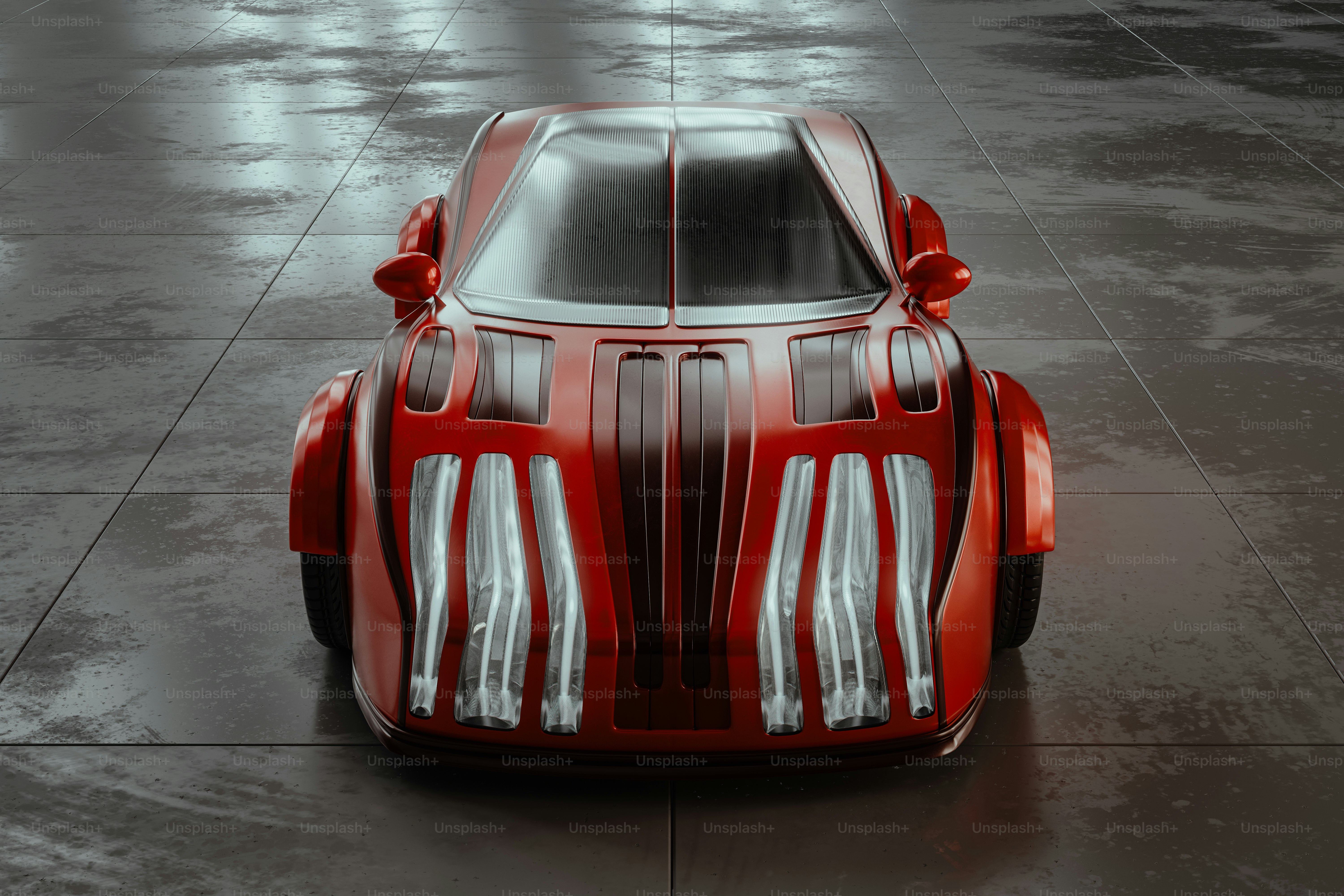 A red and white car is parked in a parking lot