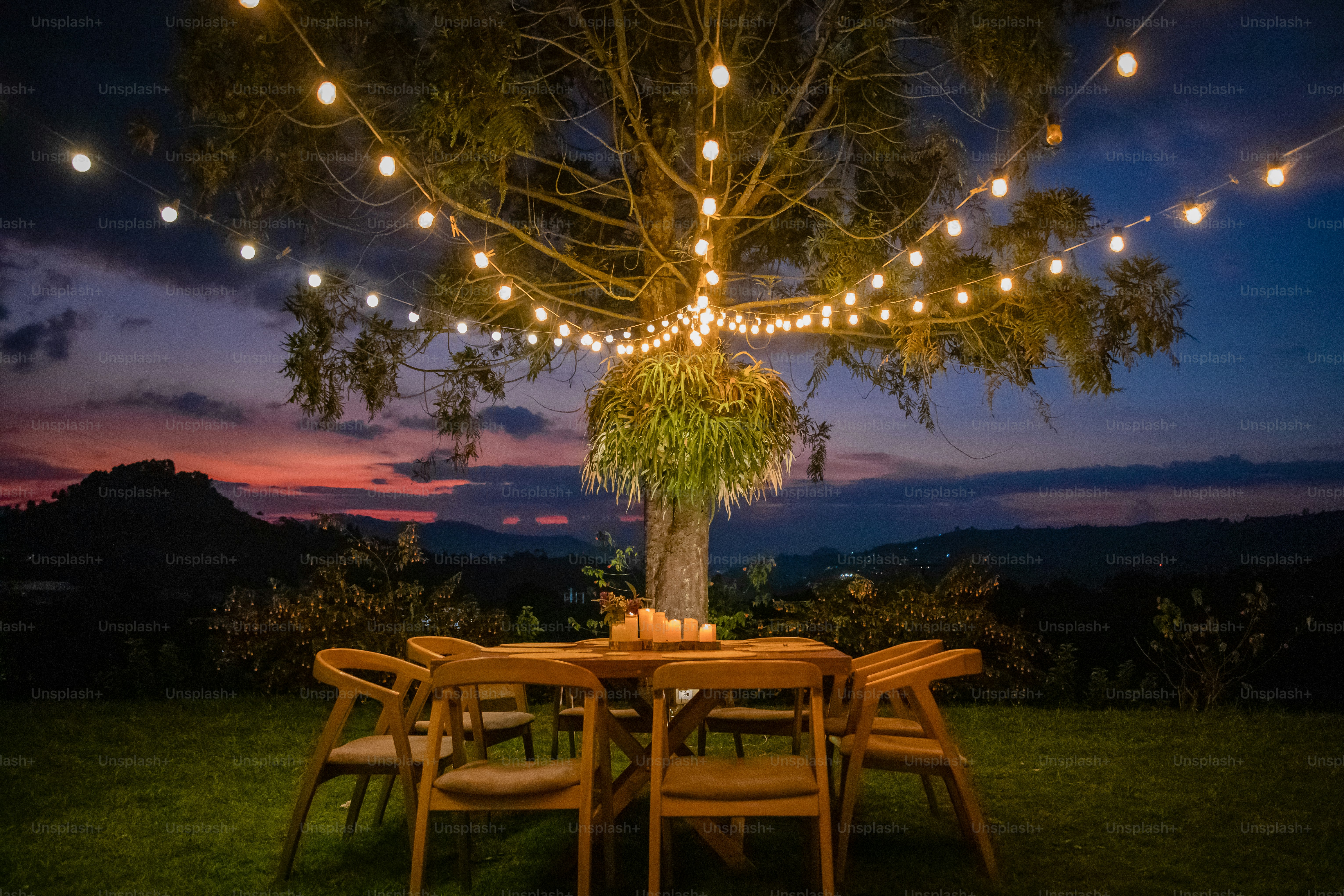 A table and chairs under a tree with lights