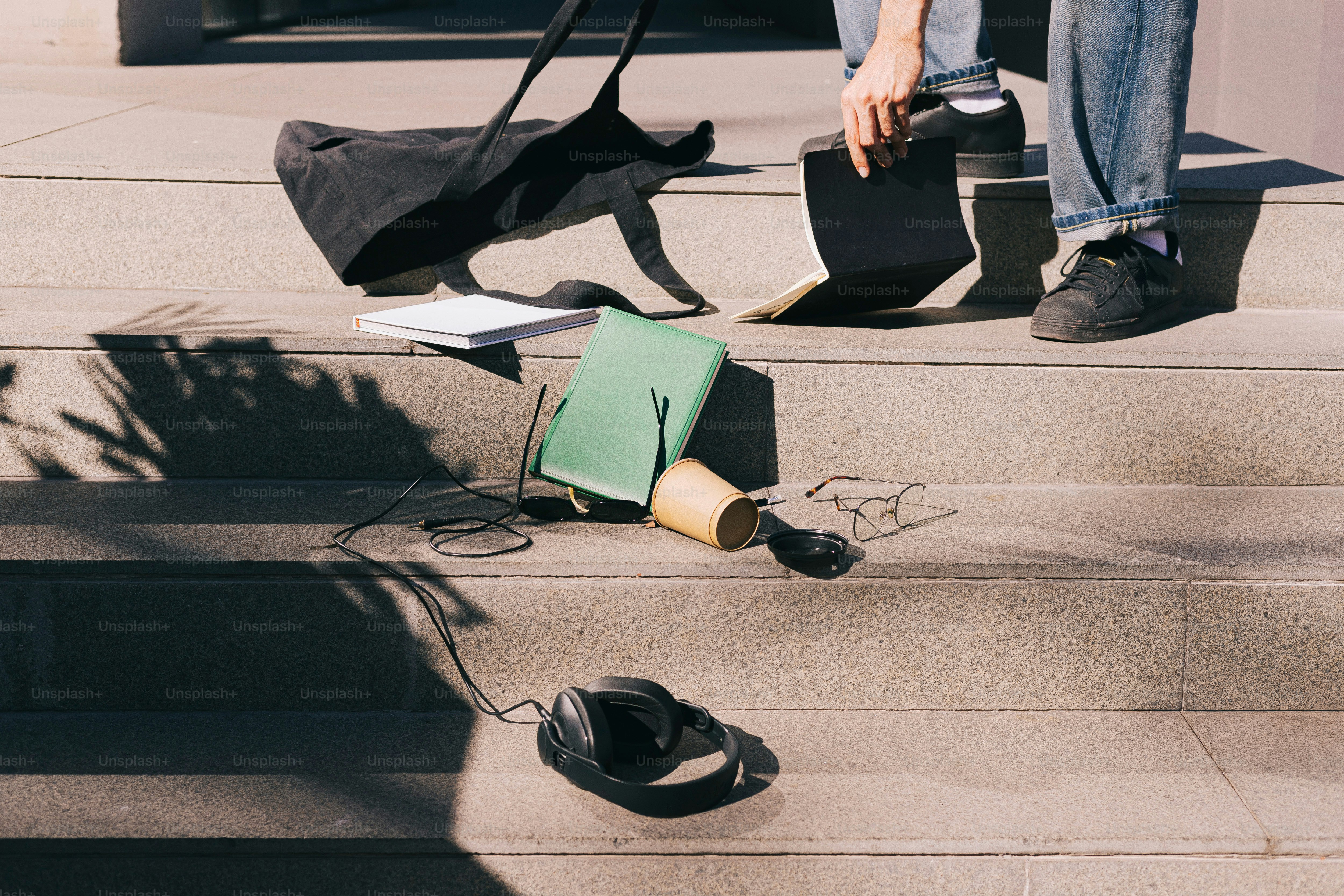 A person standing on the steps with their luggage