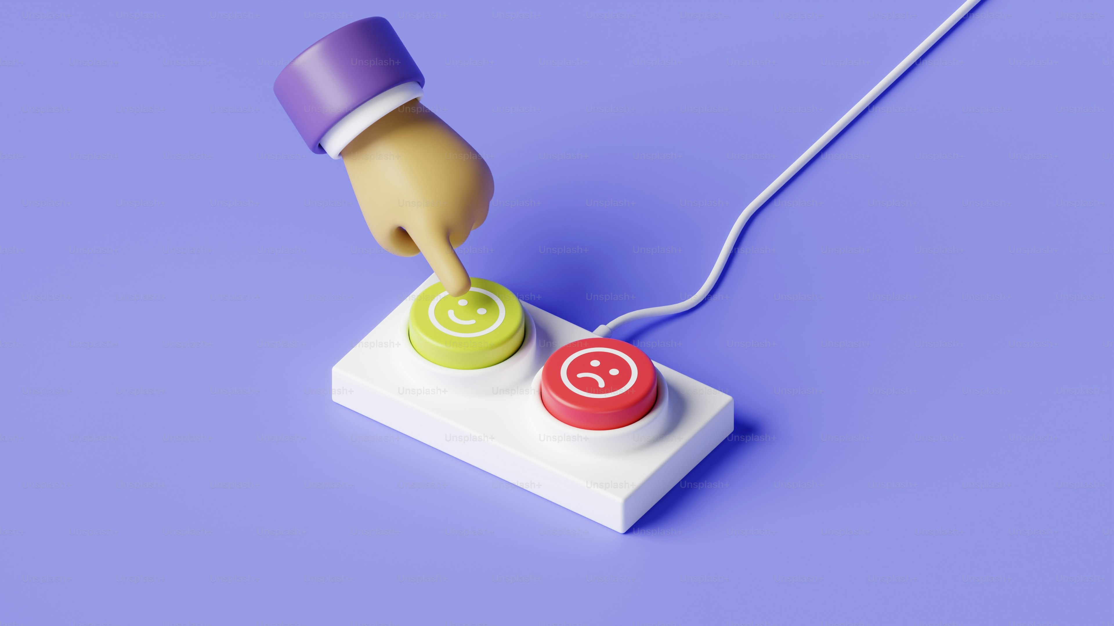 A toy hand pushing a button with a cord