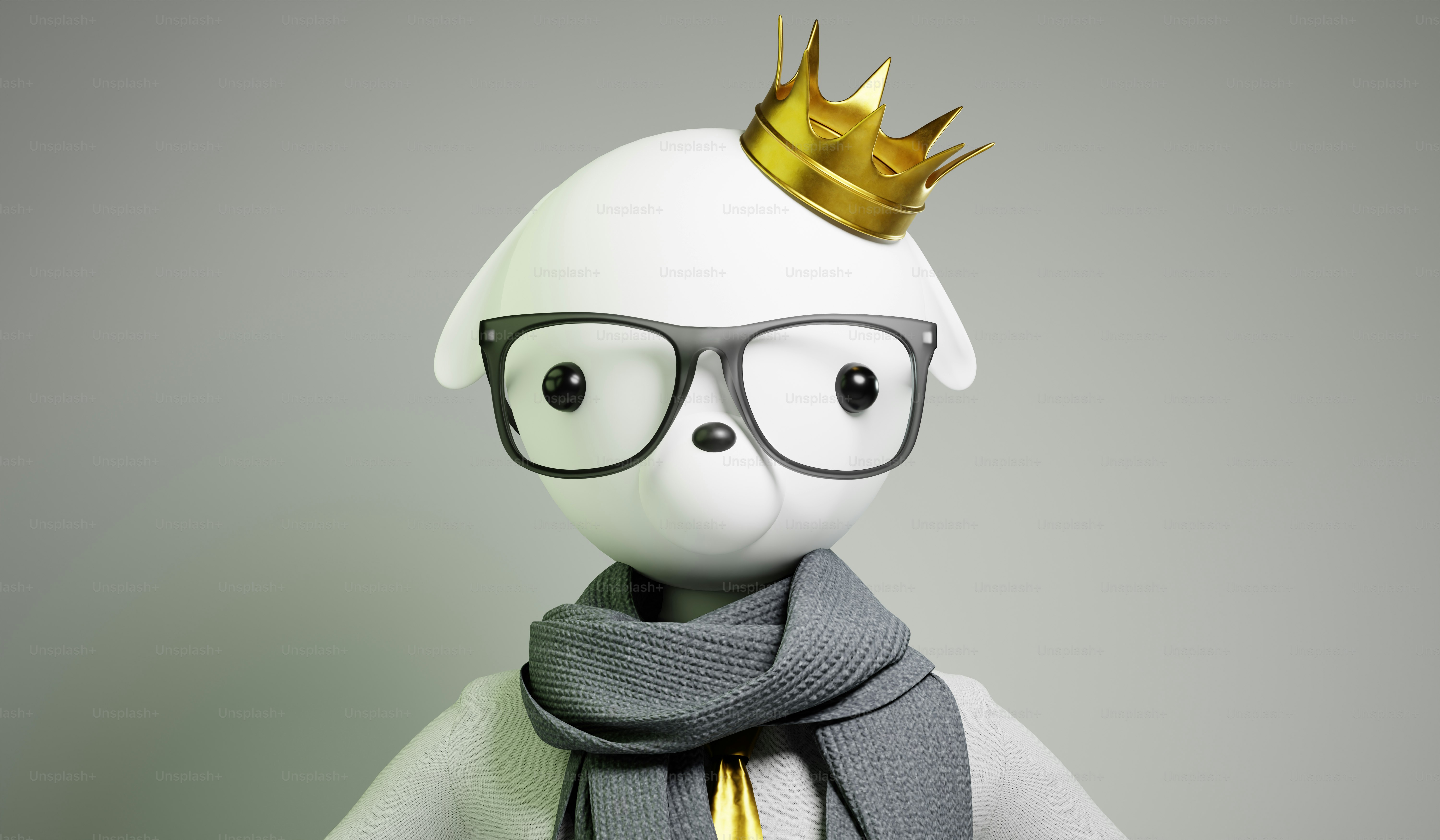 A white teddy bear wearing glasses and a gold crown