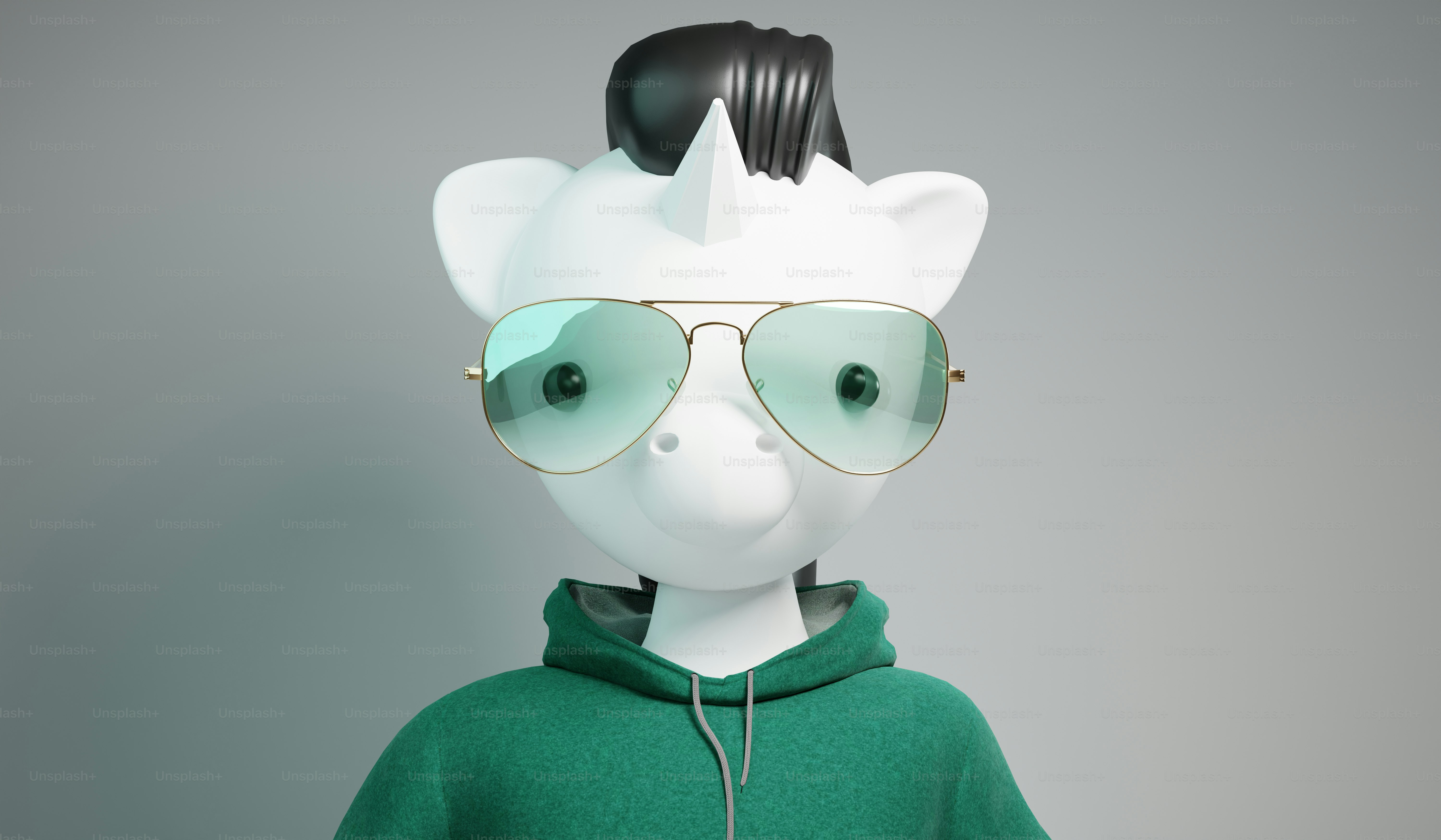 A person wearing a green hoodie and sunglasses