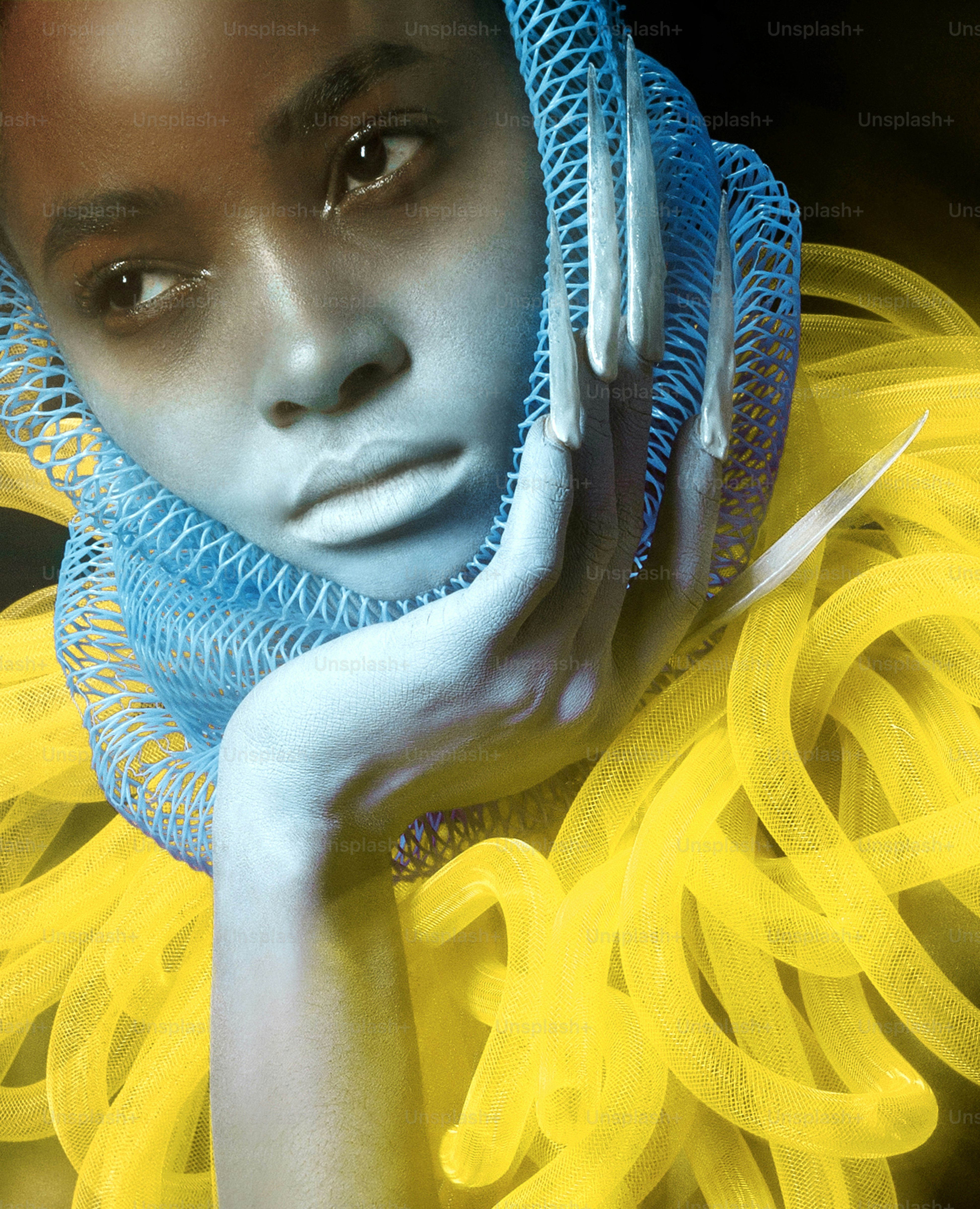 A woman wearing a blue and yellow costume