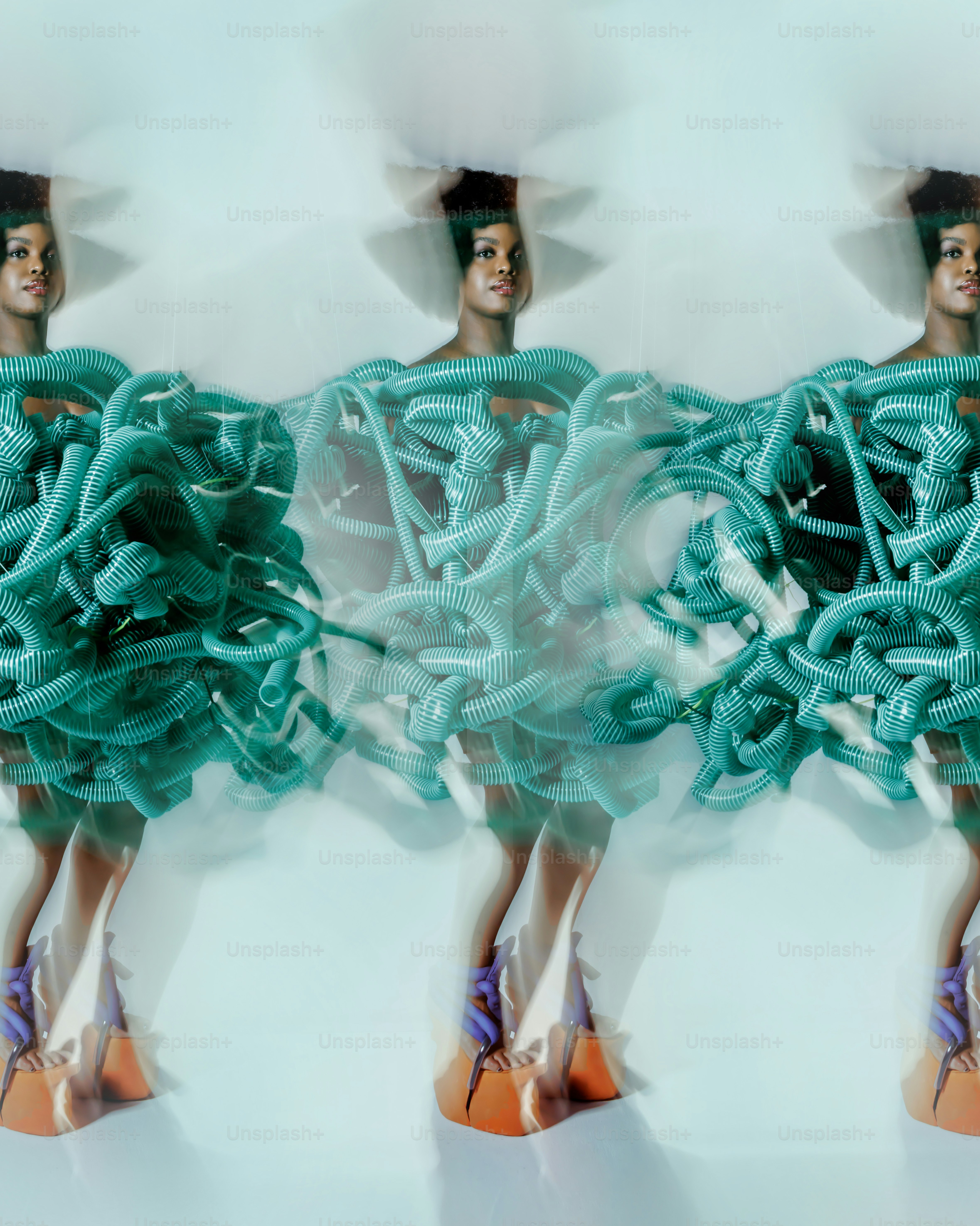 A series of three photographs of a woman in a green dress