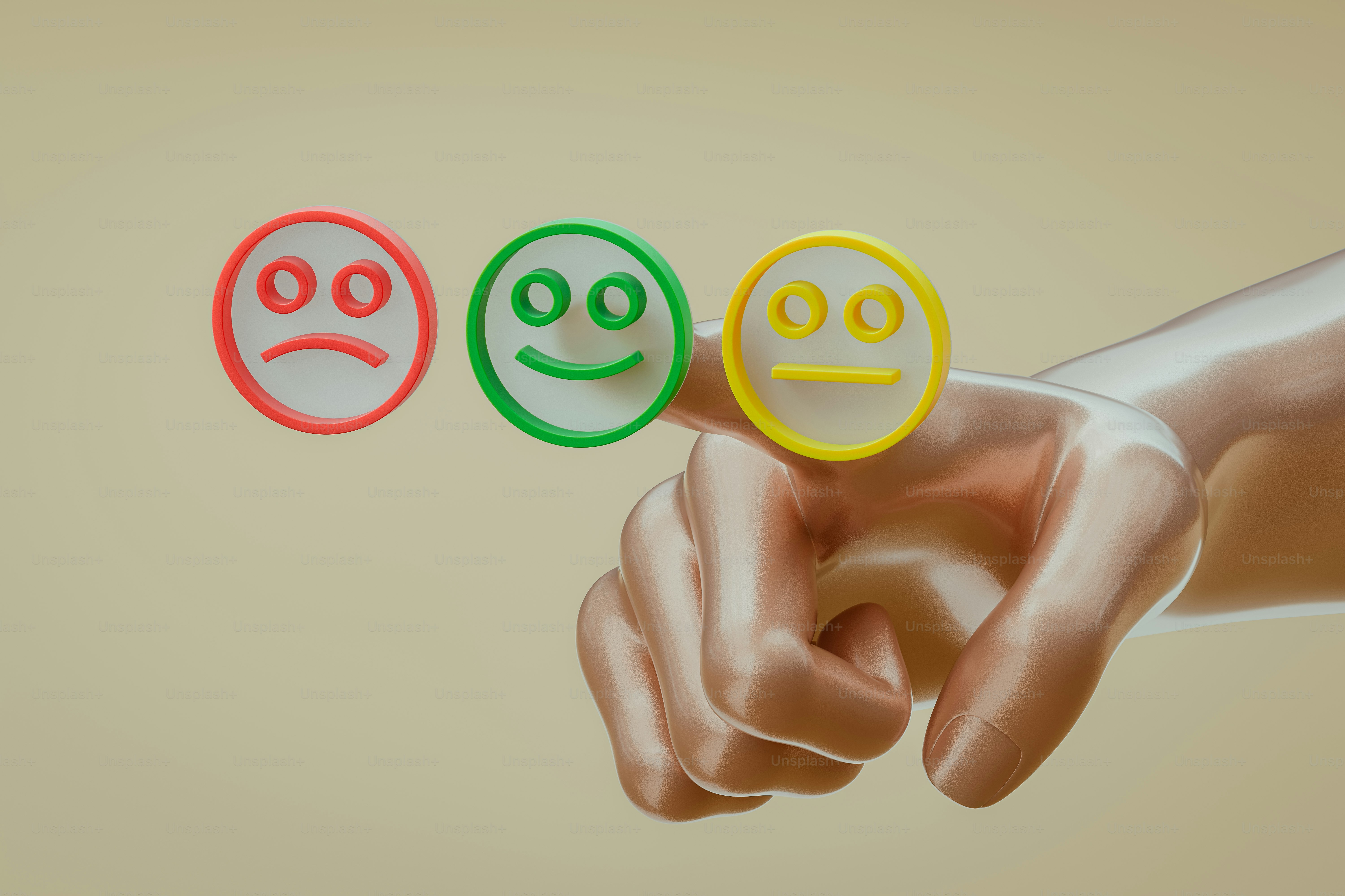 Una mano señala tres caras sonrientes