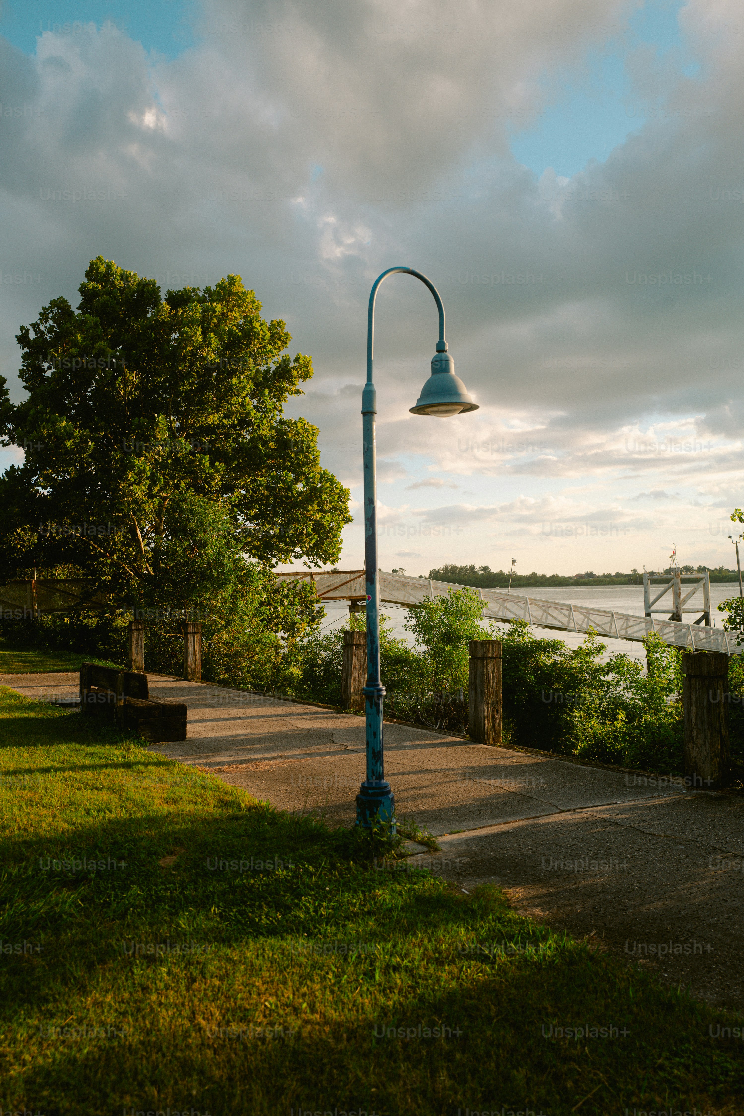 A street light sitting next to a lush green park