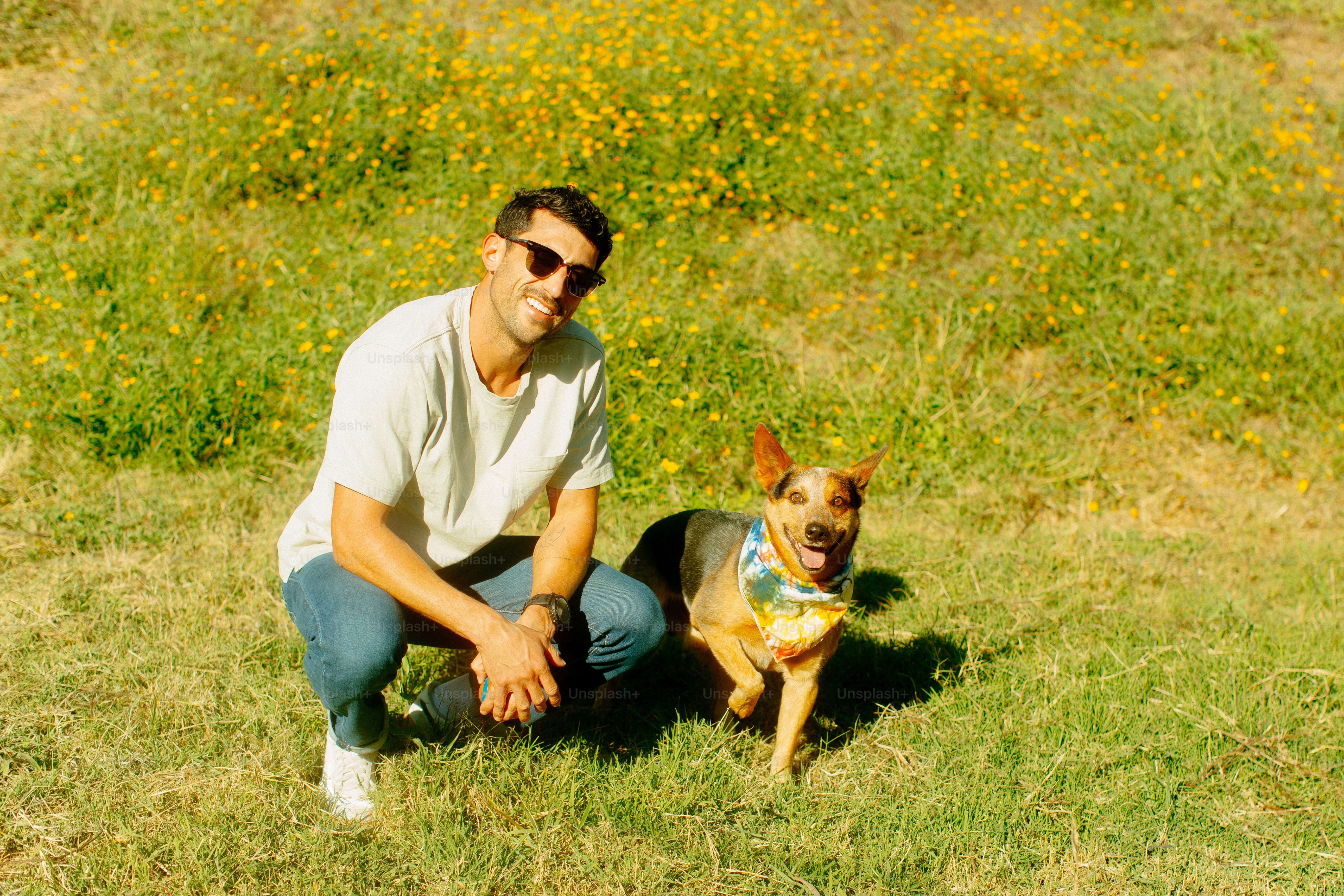 A man kneeling down next to a small dog