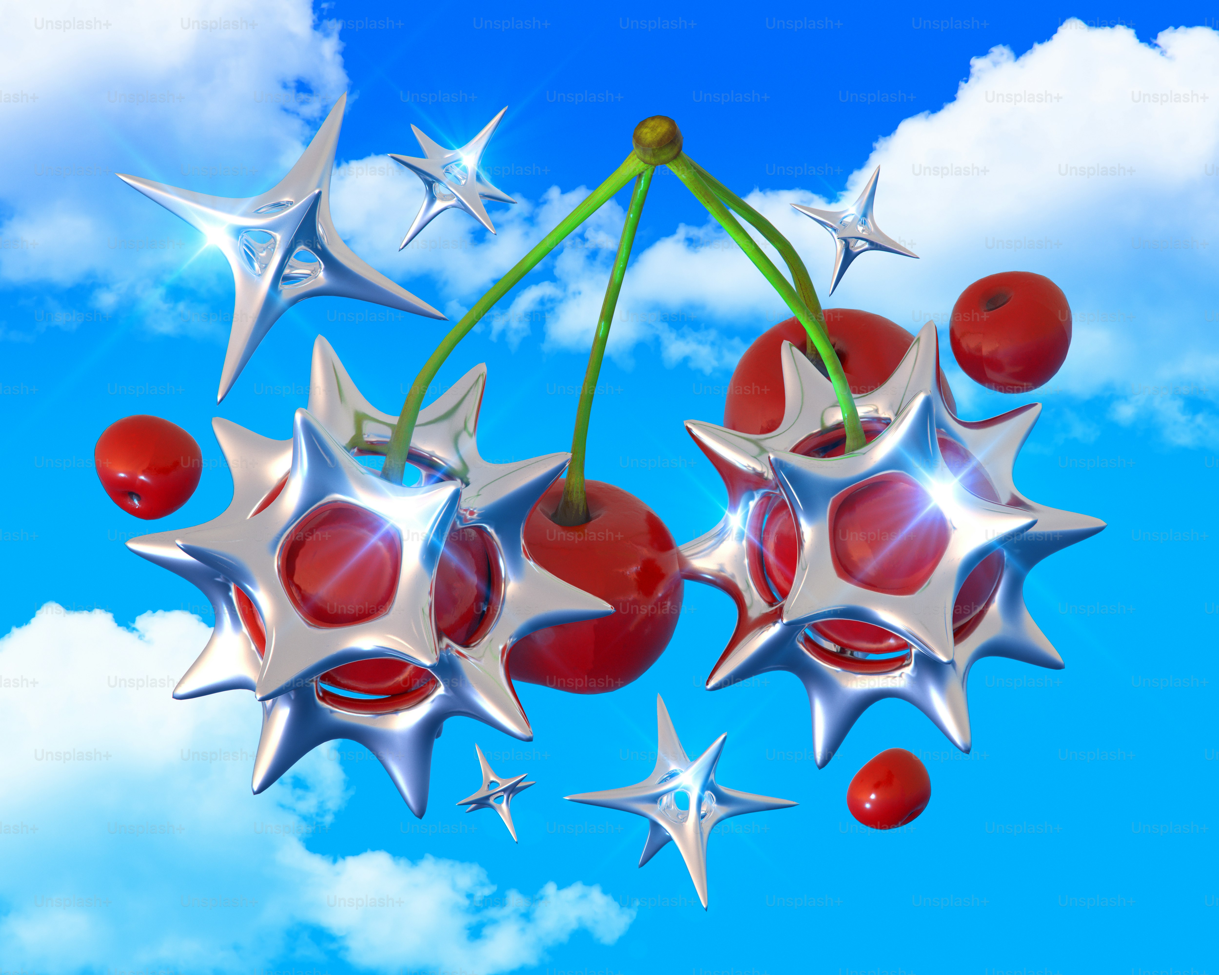 Ein Strauß Kirschen, der an einem grünen Stiel hängt