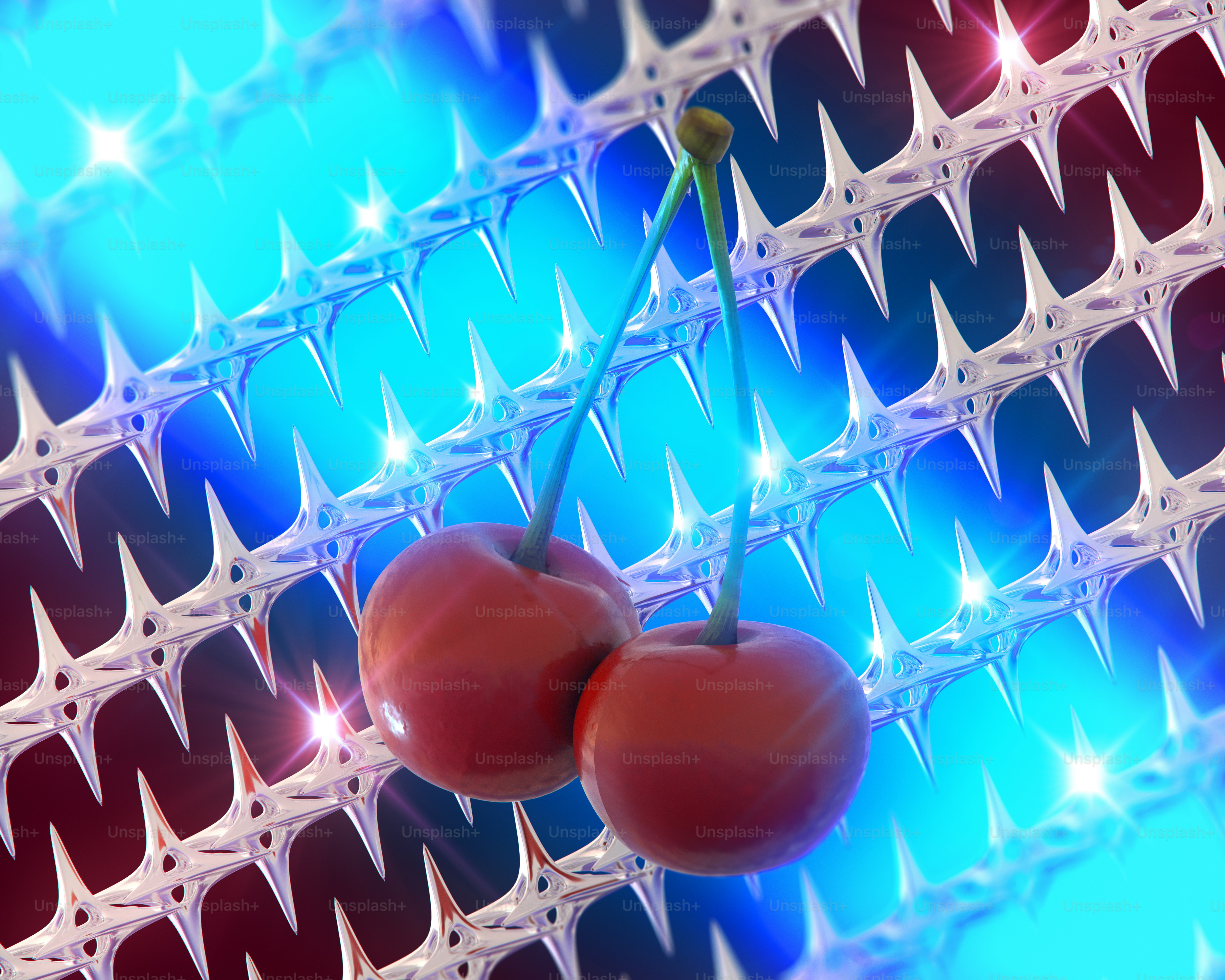 Ein paar Kirschen sitzen auf einem Tisch