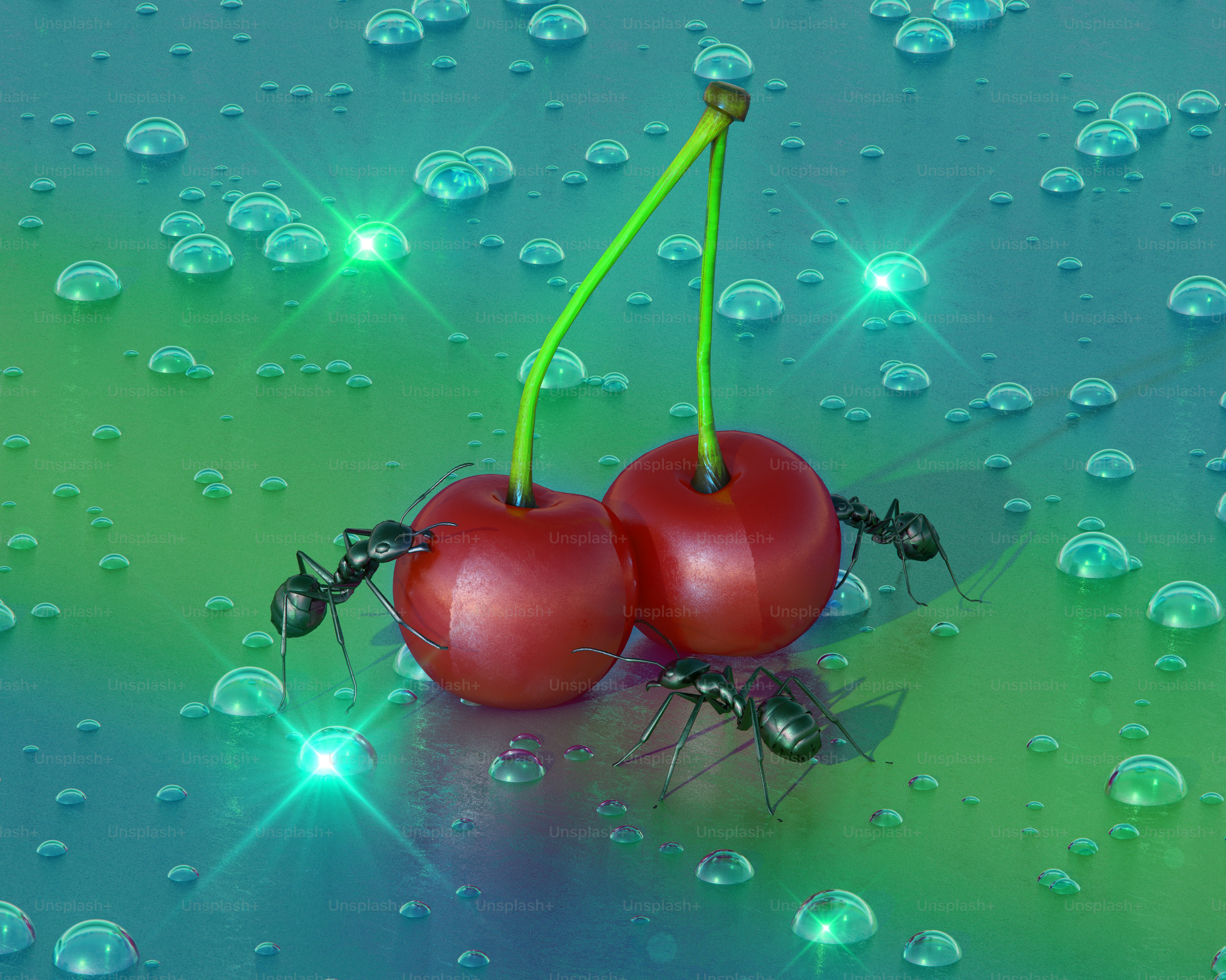 Zwei Kirschen sitzen auf einem mit Wasser bedeckten Tisch